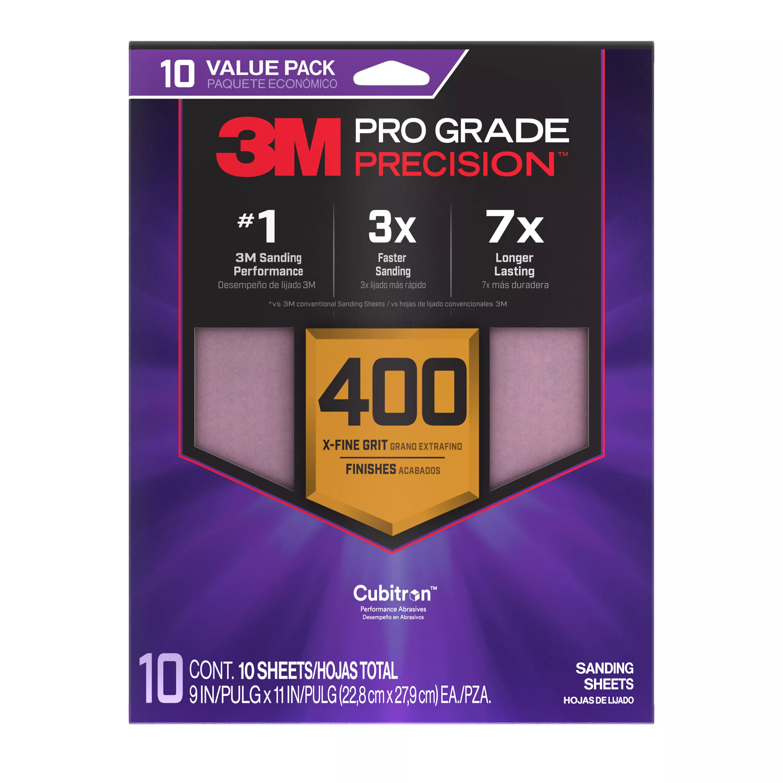 3M™ Pro Grade Precision™ Faster Sanding Sheets w/ NO-SLIP GRIP™ Backing SHR400-PGP-10T, 9 in x 11 in, 400 Gr, 10 Sht/Pk