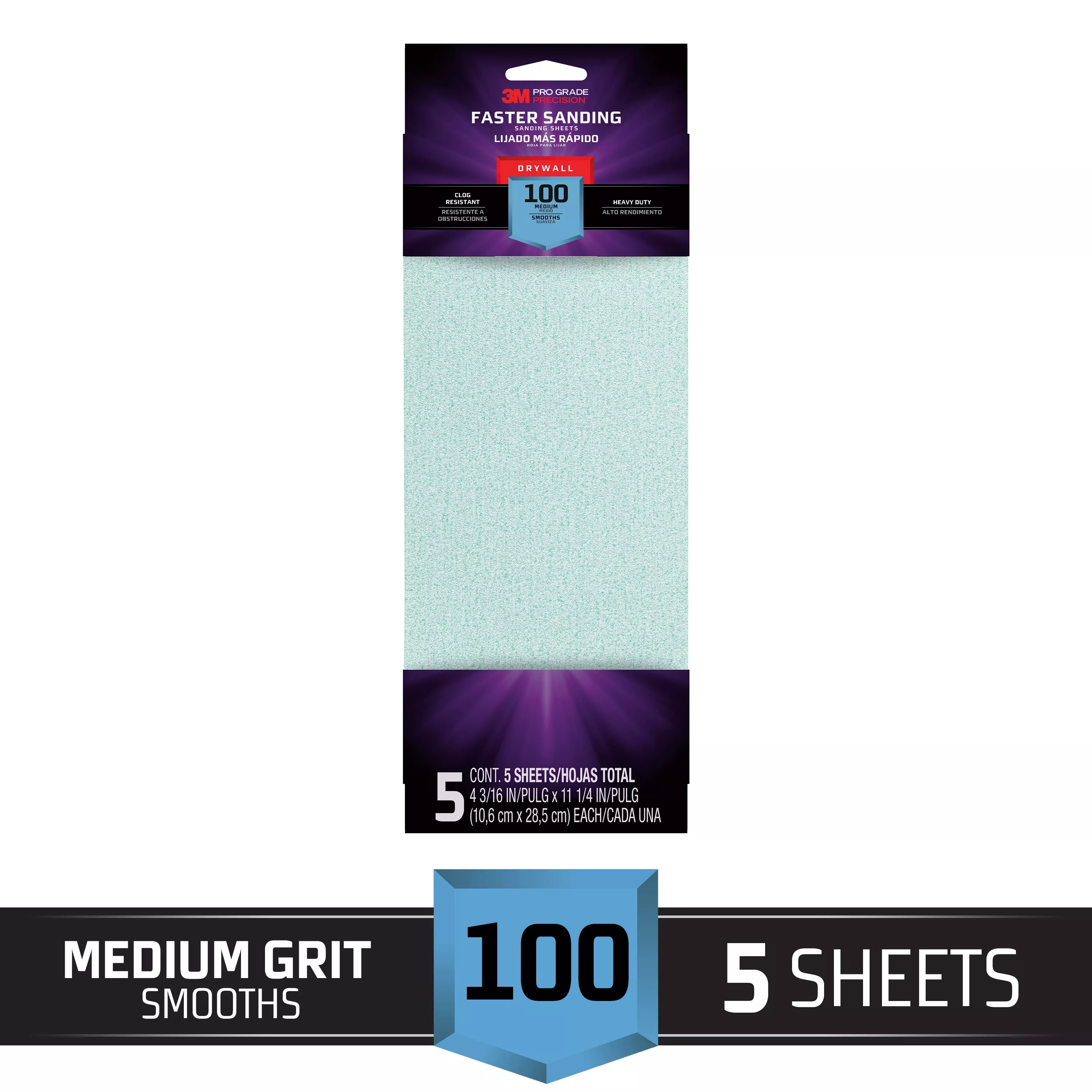 3M™ Pro Grade Precision™ Faster Sanding Drywall Sanding Sheets 9094PGP-CC, 4 3/16 in x 11 1/4 in, 100 grit, 5/pk