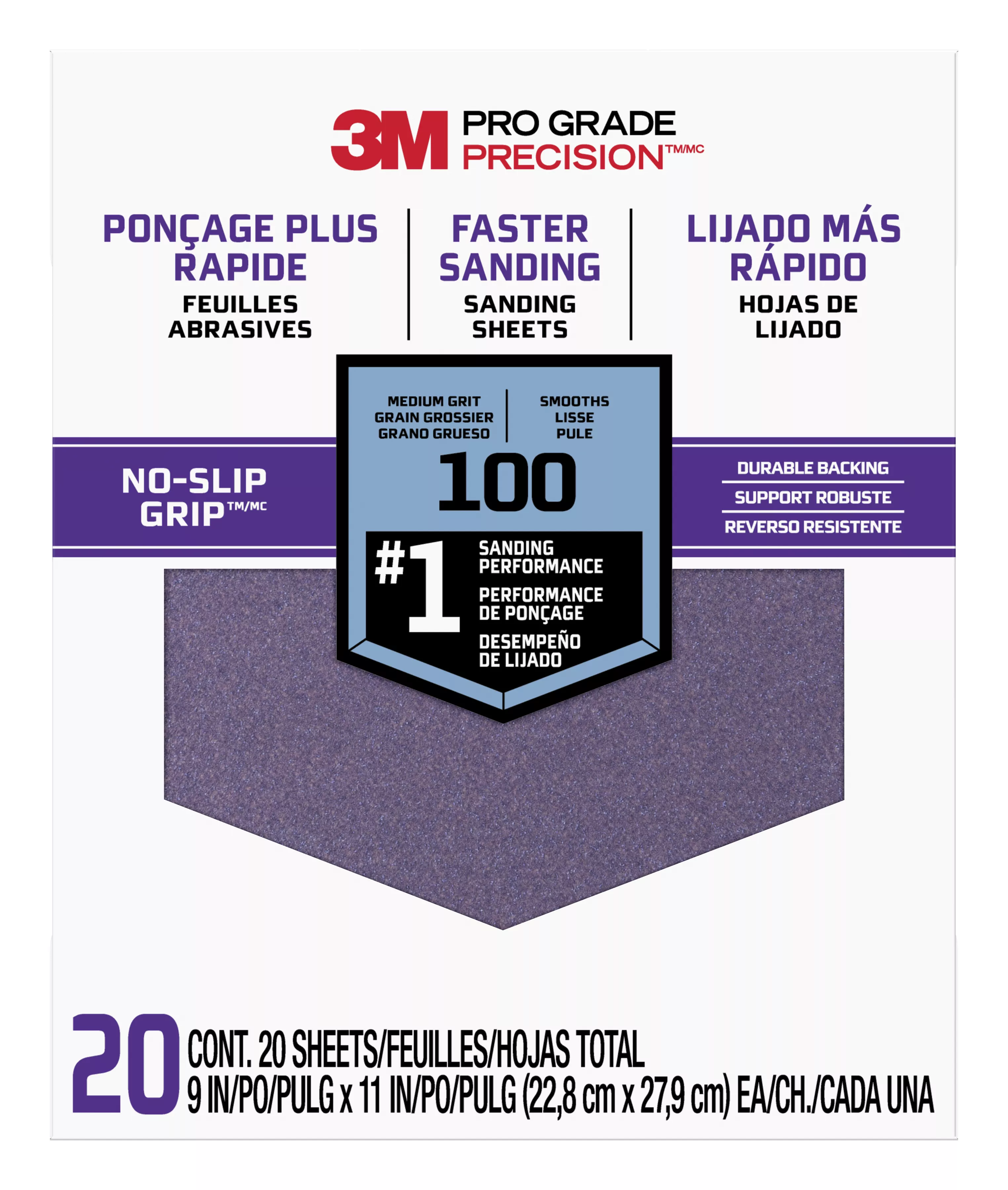 3M™ Pro Grade Precision™ Faster Sanding Sanding Sheets 100 grit Medium, 27100TRI-20, 9 in x 11 in, 20/pk