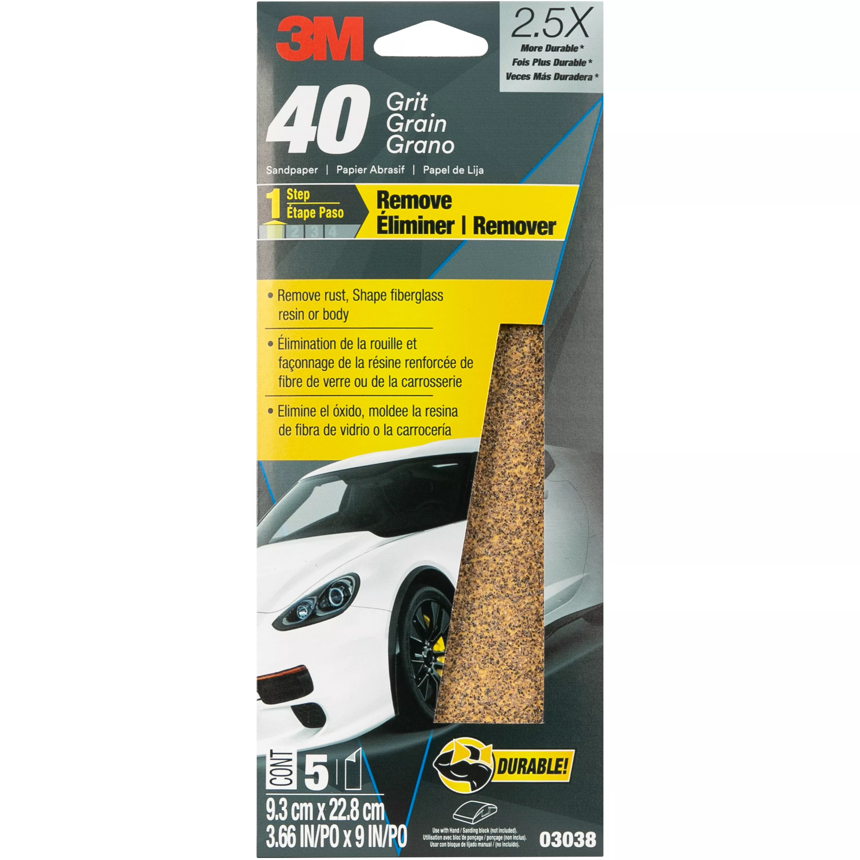 3M™ Sandpaper 03038, 3-2/3 in x 9 in, 40 Grit, 5/Pack, 20 Pack/Case