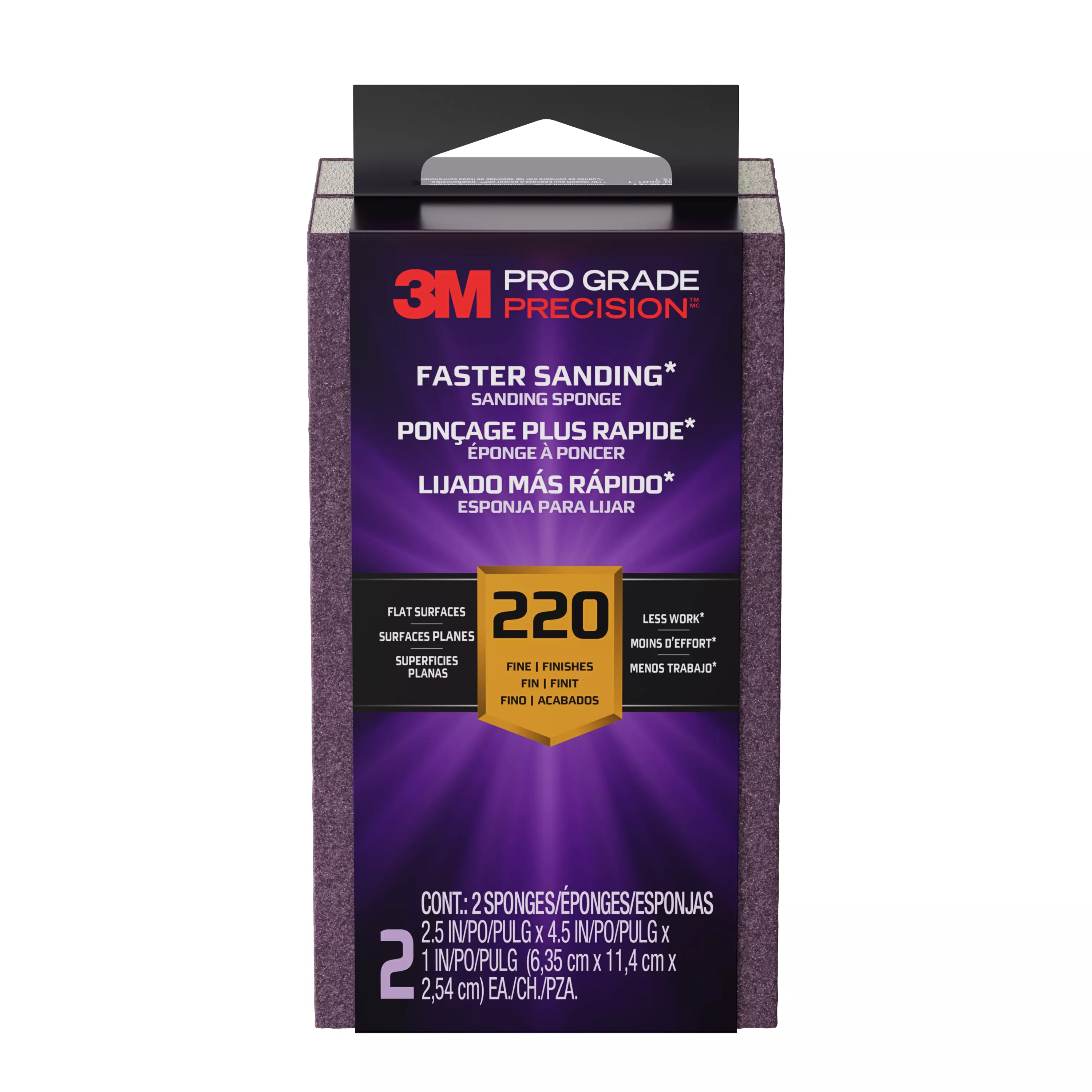 3M™ Pro Grade Precision™ Faster Sanding Sanding Block Sponge FSB220-PGP-2T, 2.5 in x 4.5 in x 1 in, 220 grit, 2 each/pack