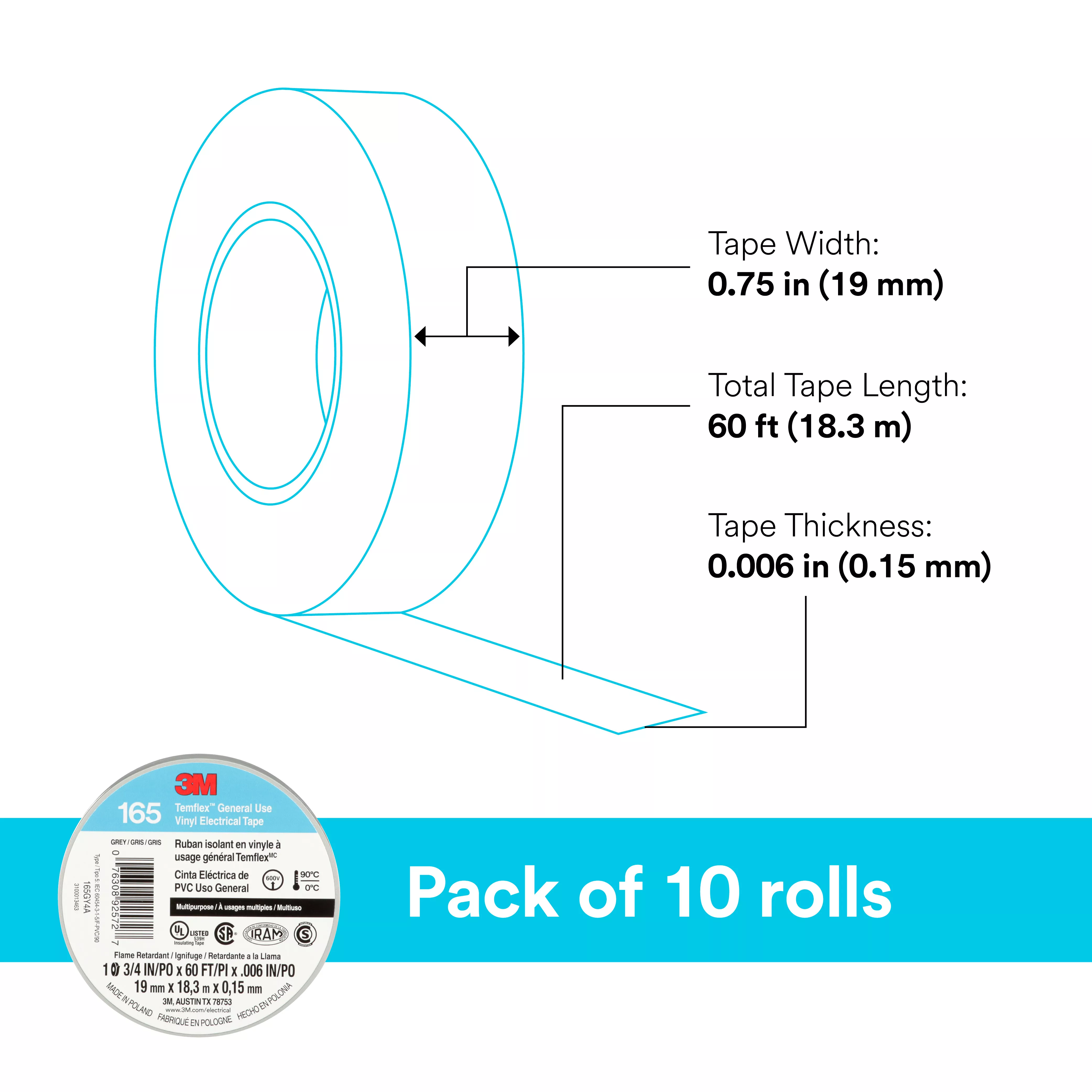 SKU 7100169192 | 3M™ Temflex™ Vinyl Electrical Tape 165