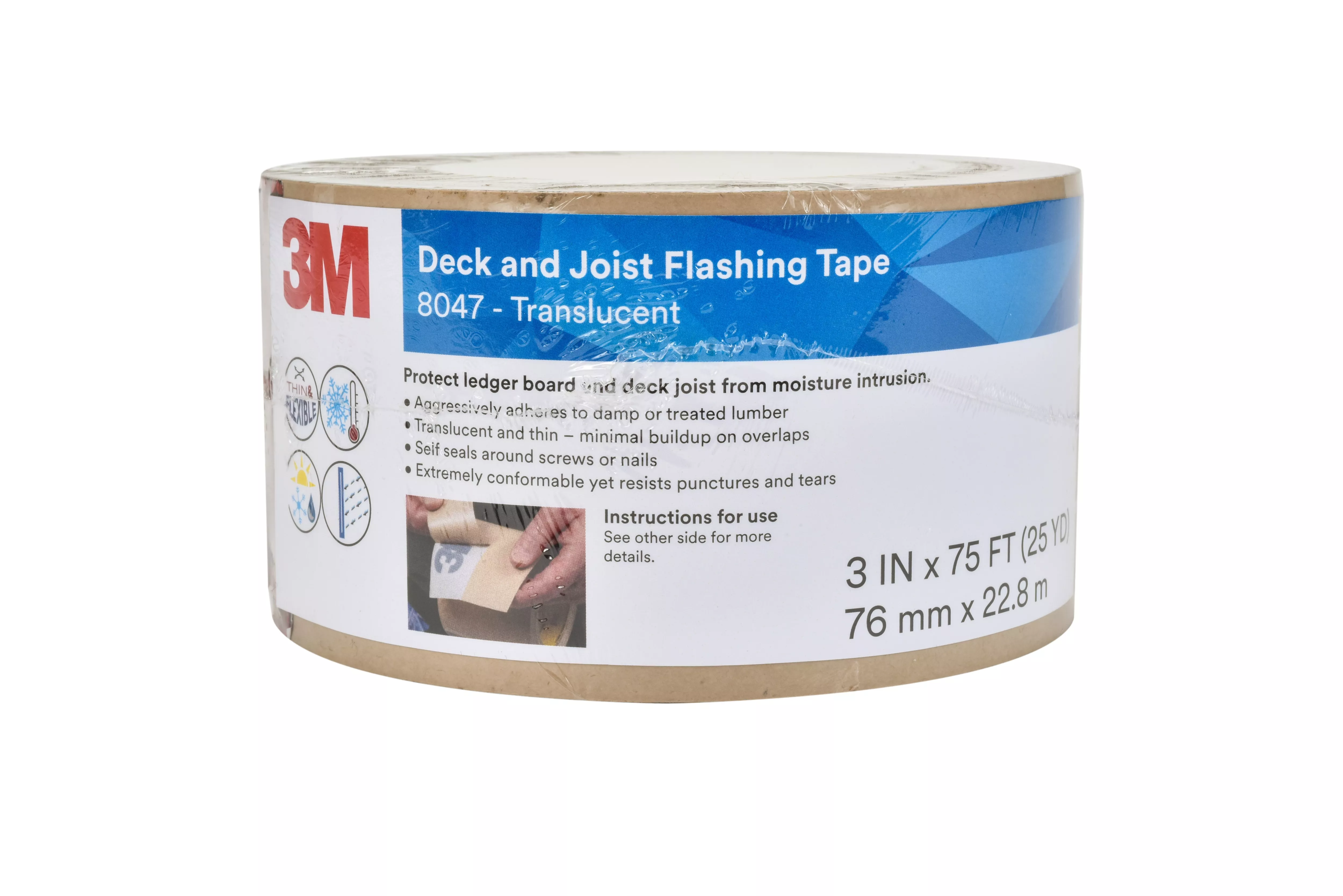 3M™ Deck and Joist Flashing Tape 8047, Translucent, 3 in x 75 ft, 12
Rolls/Case, Solid Liner