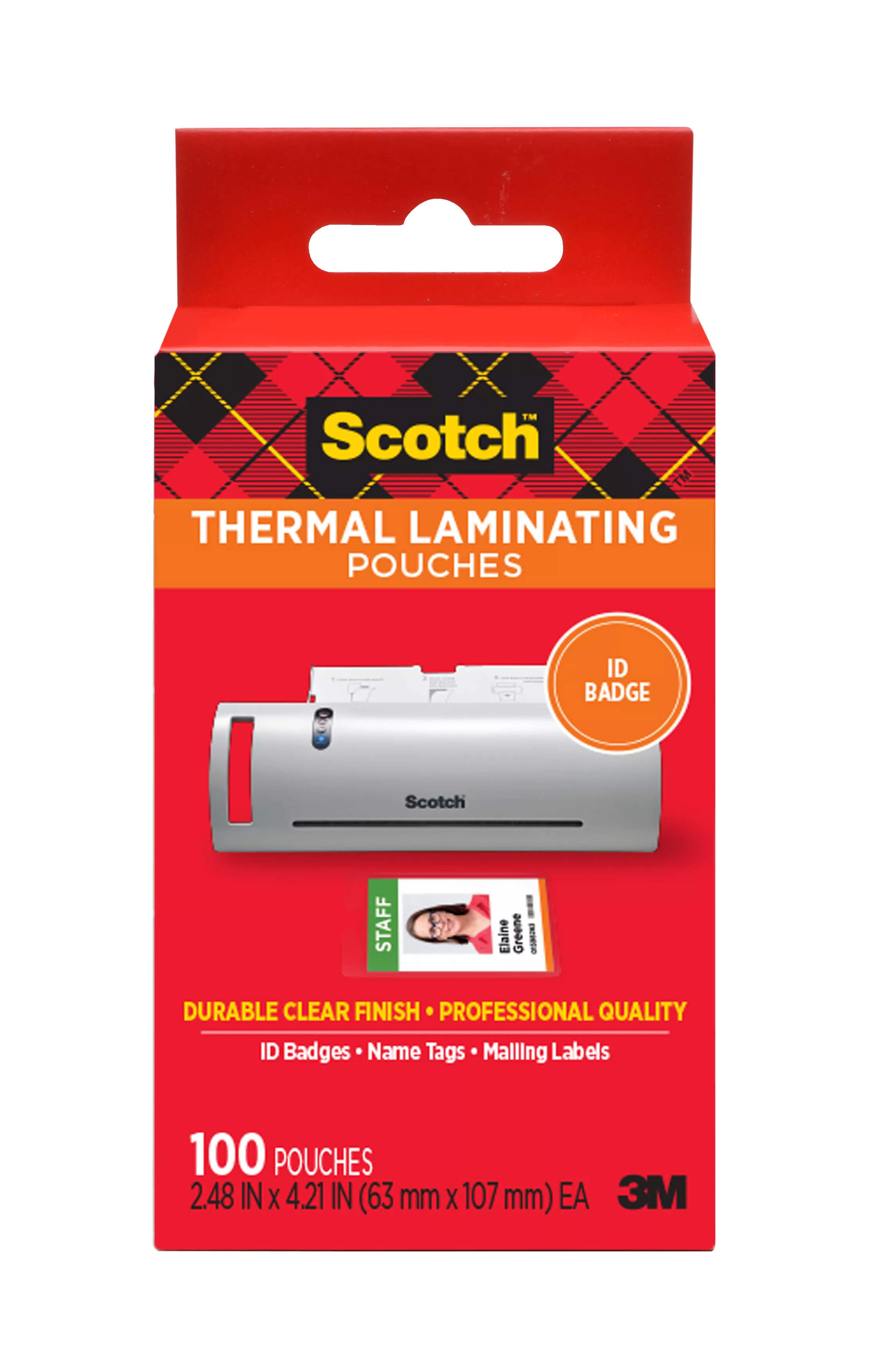 Scotch™ Thermal Pouches TP5852-100, 2.4 in x 4.2 in (63 mm x 107 mm) ID badge without clip