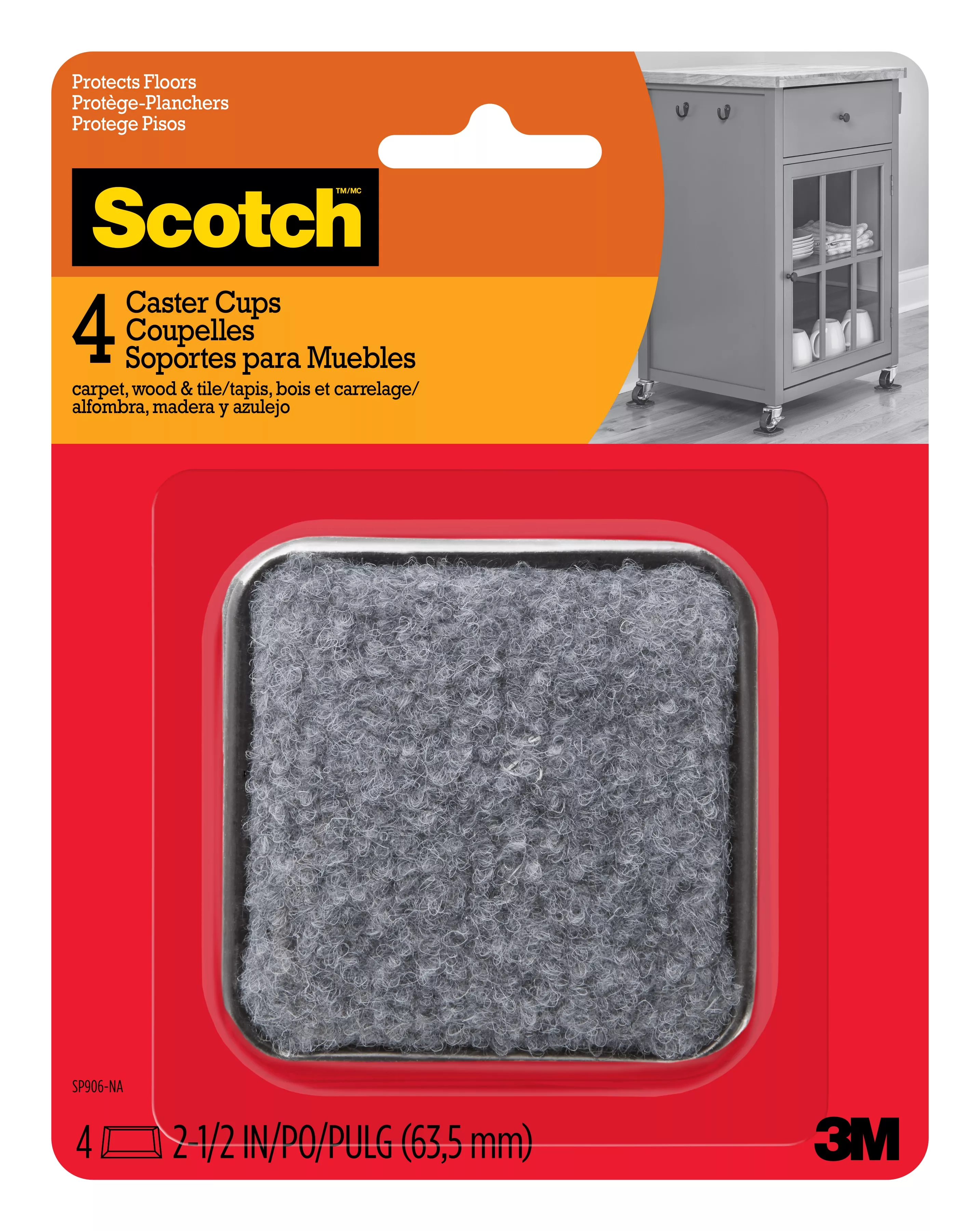 Scotch™ Caster Cups SP906-NA, Square Felt Gray 2.5-in 4/pk