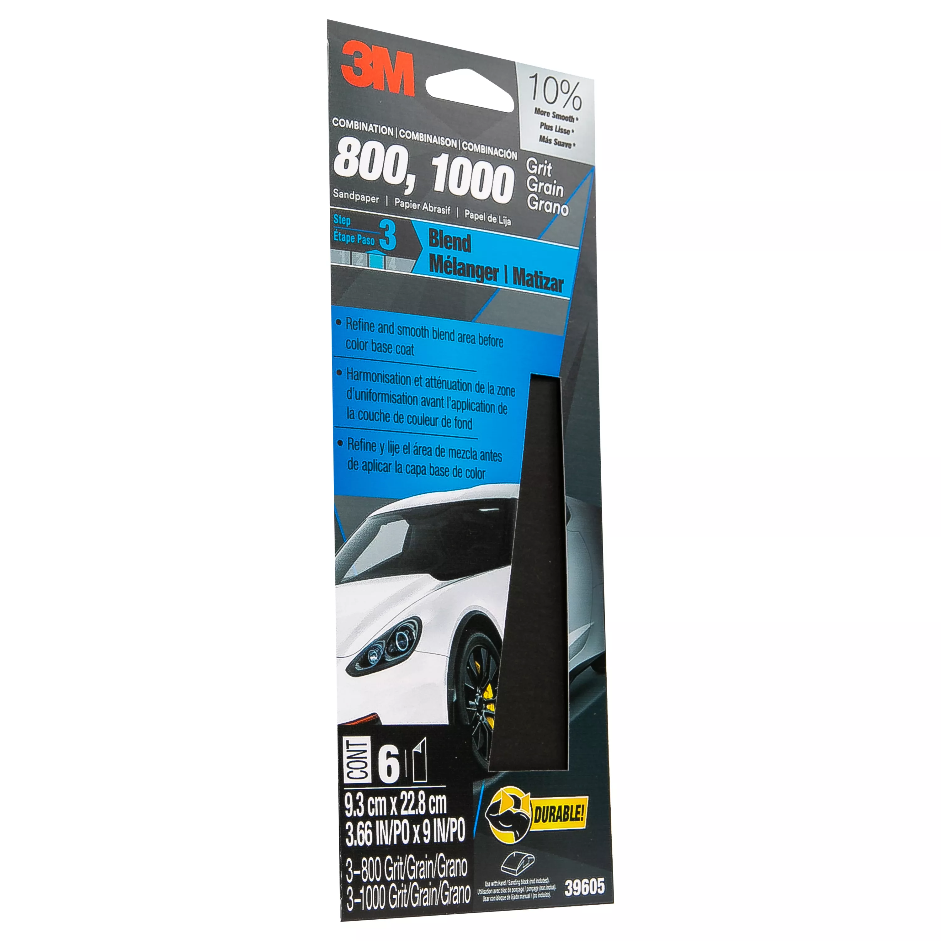 3M™ Performance Sandpaper 39605SRP, 3-2/3 in x 9 in, 800/1000 Grit, 6
Sheet/Pack, 6 Pack/Case