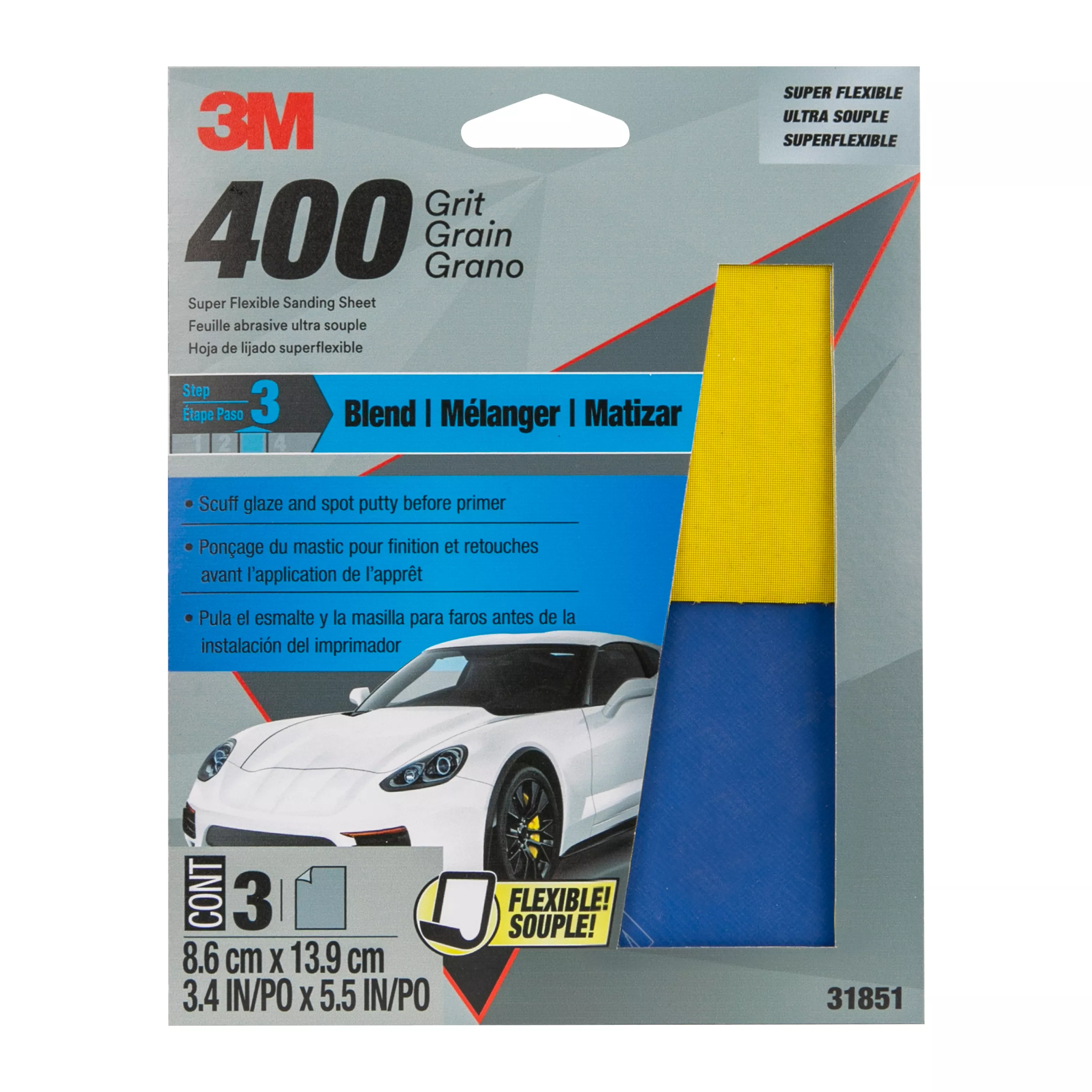 3M™ Super Flexible Sanding Sheets, 31851, 400 Grit, 3 pack, 20 packs per case