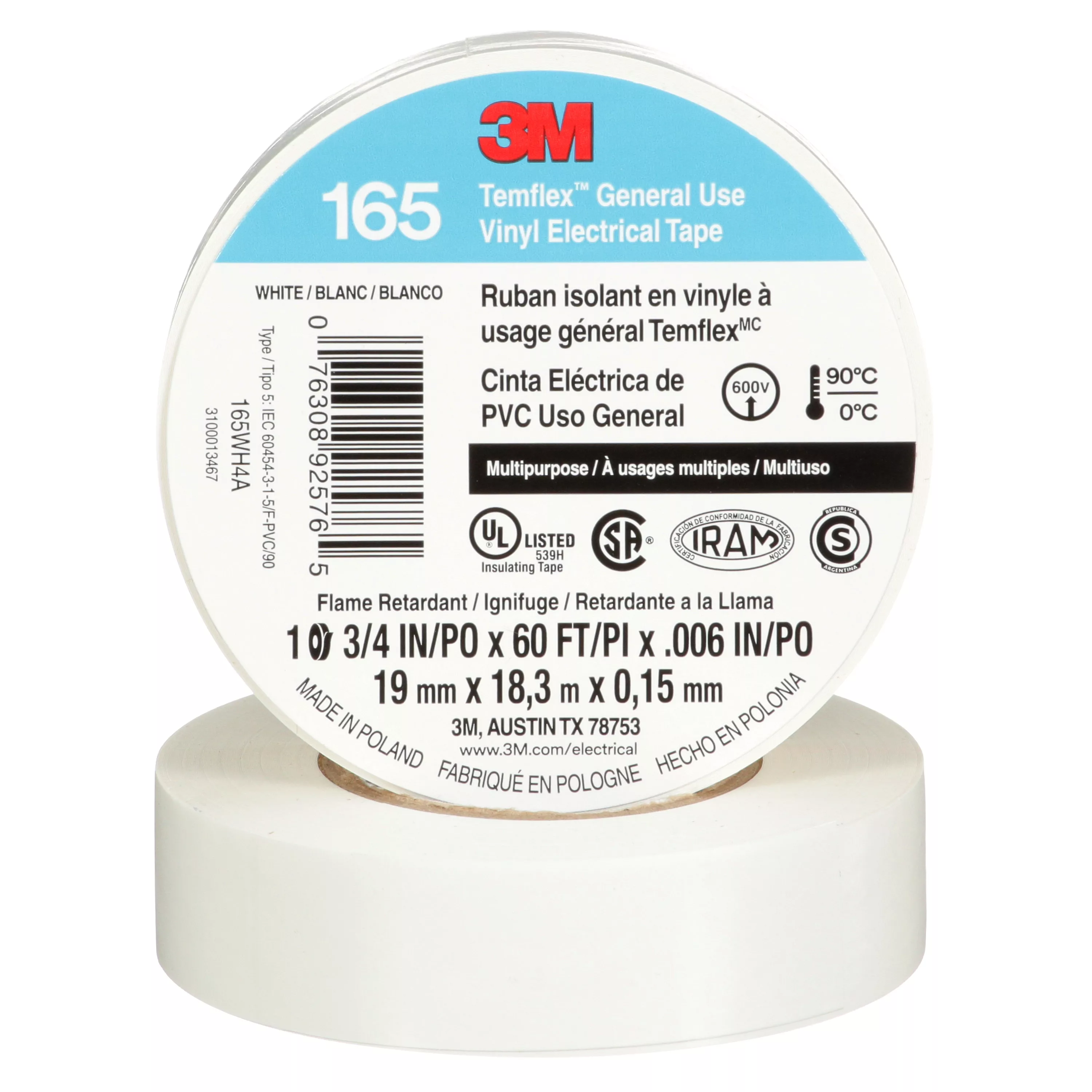 3M™ Temflex™ Vinyl Electrical Tape 165, White, 3/4 in x 60 ft (19 mm x 18 m), 6 mil, 100 Rolls/Case