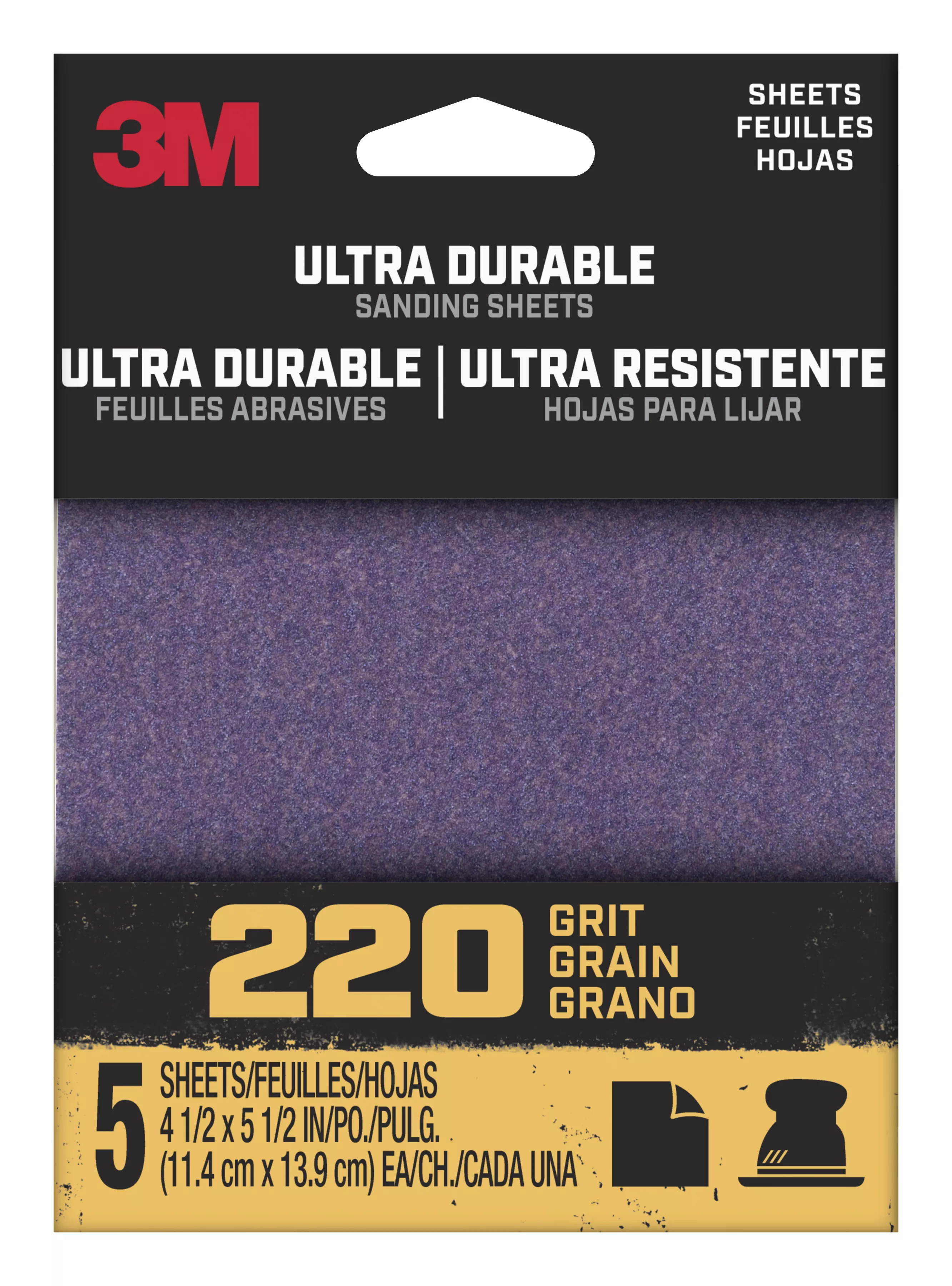 3M™ Ultra Durable Power Sanding 1/4 Sheet, 220 grit, 1/4Sht5pk220, 5 pk, 20/case