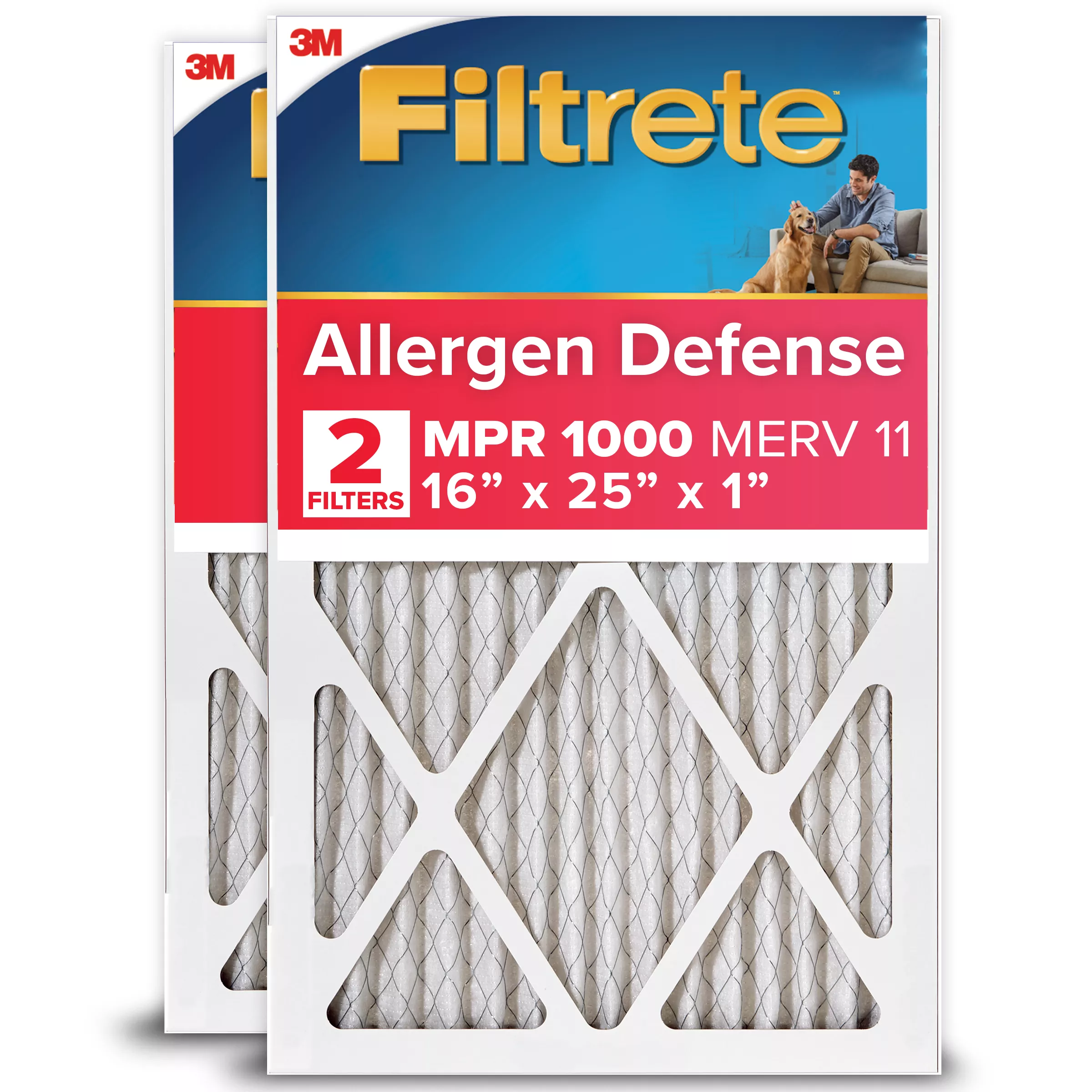 Filtrete™ Allergen Defense Filter AD01-2PK-6E-NA, MPR 1000, 16 in x 25
in x 1 in (40.6 cm x 63.5 cm x 2.5 cm), 2/pk