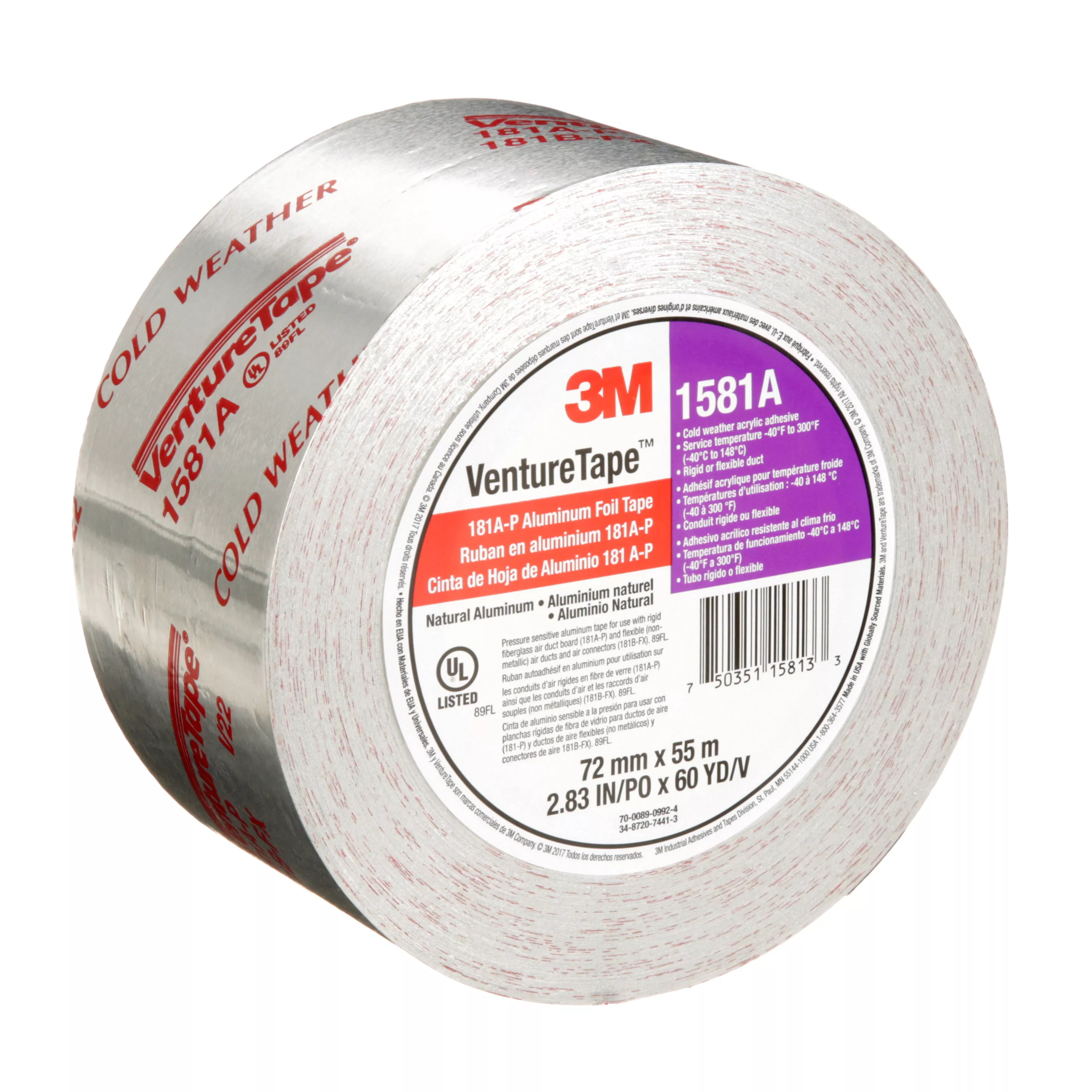 SKU 7100043929 | 3M™ Venture Tape™ UL181A-P Aluminum Foil Tape 1581A