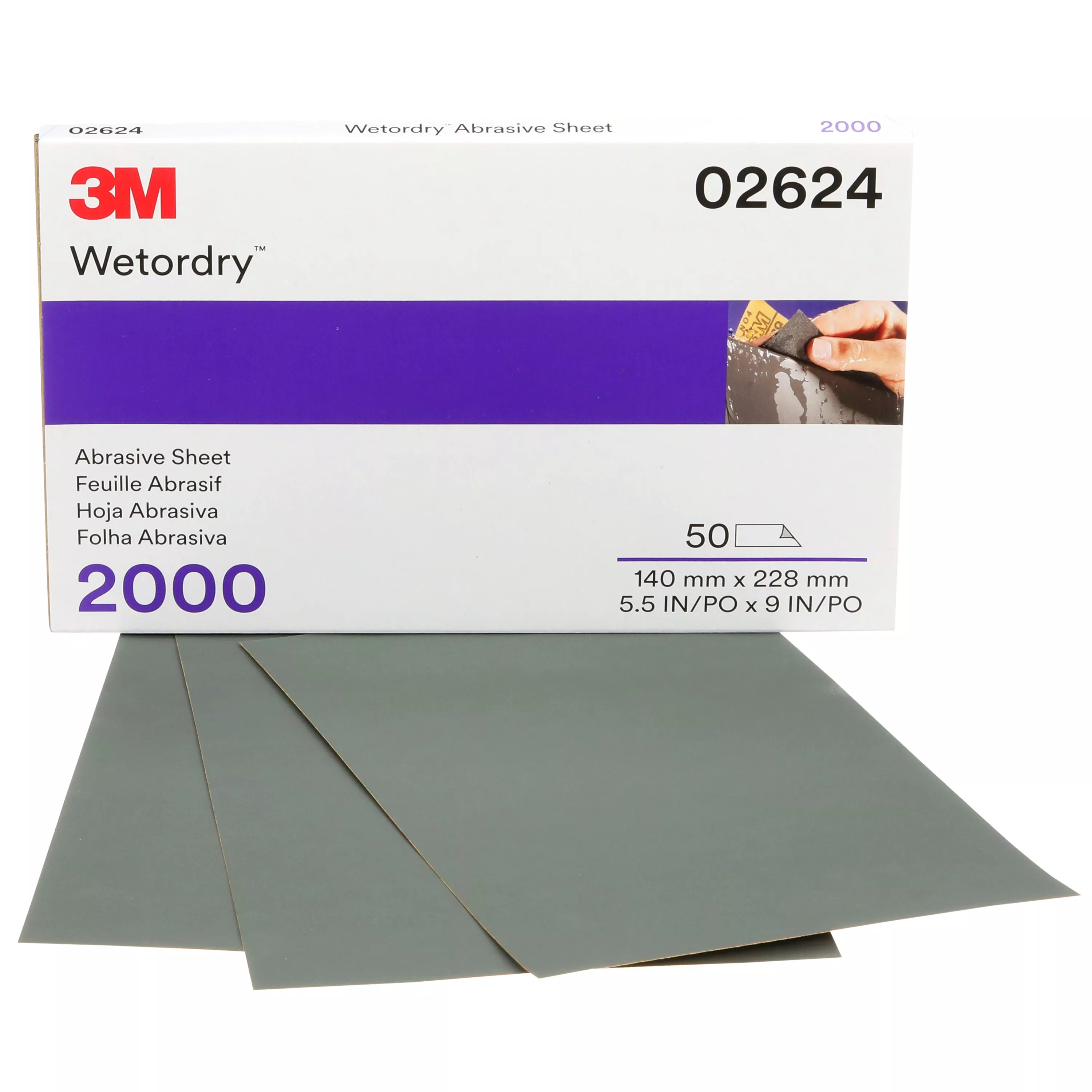 3M™ Wetordry™ Abrasive Sheet, 02624, 2000, heavy duty, 5 1/2 in x 9 in, 50 sheets per carton, 5 cartons per case