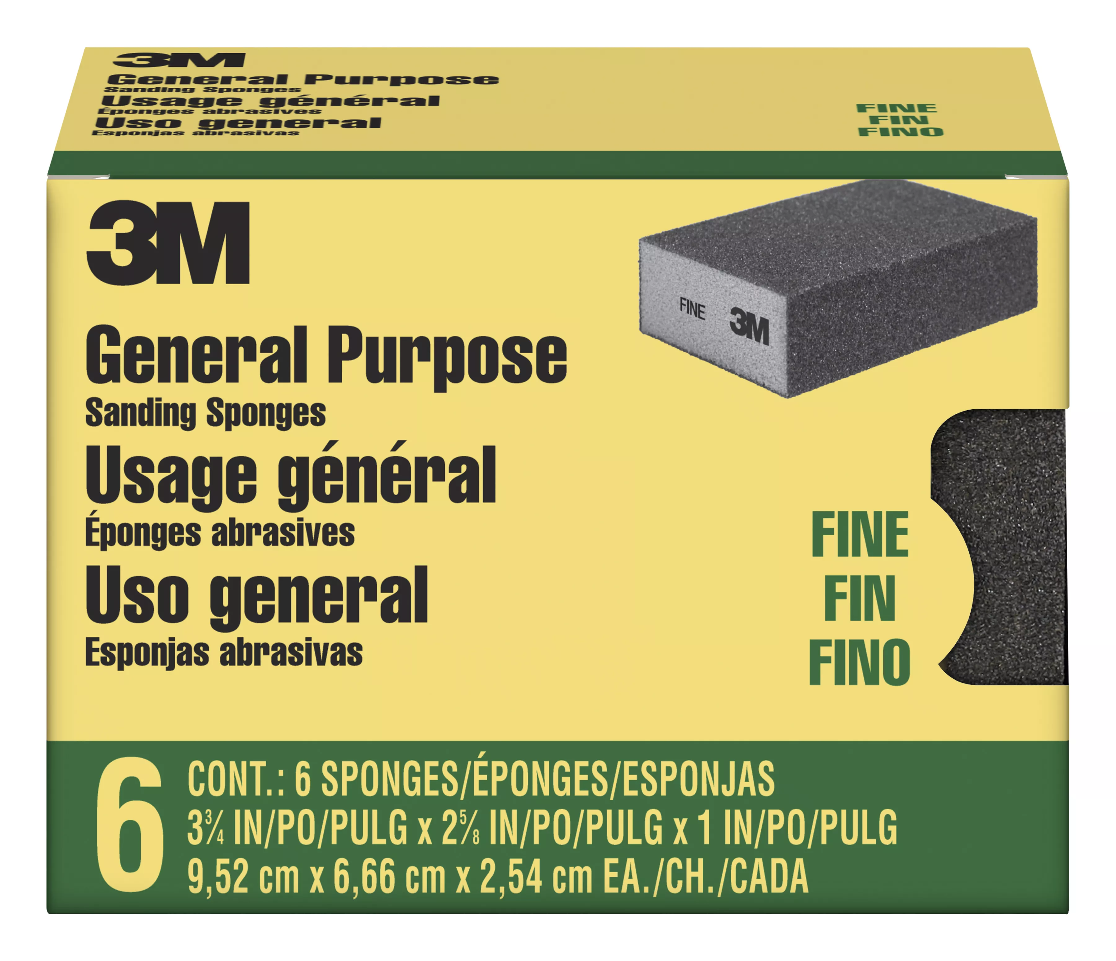 3M™ Sanding Sponge CP001-6P-CC, 3 3/4 in x 2 5/8 in x 1 in Fine, 6-pack, 4 packs/cs