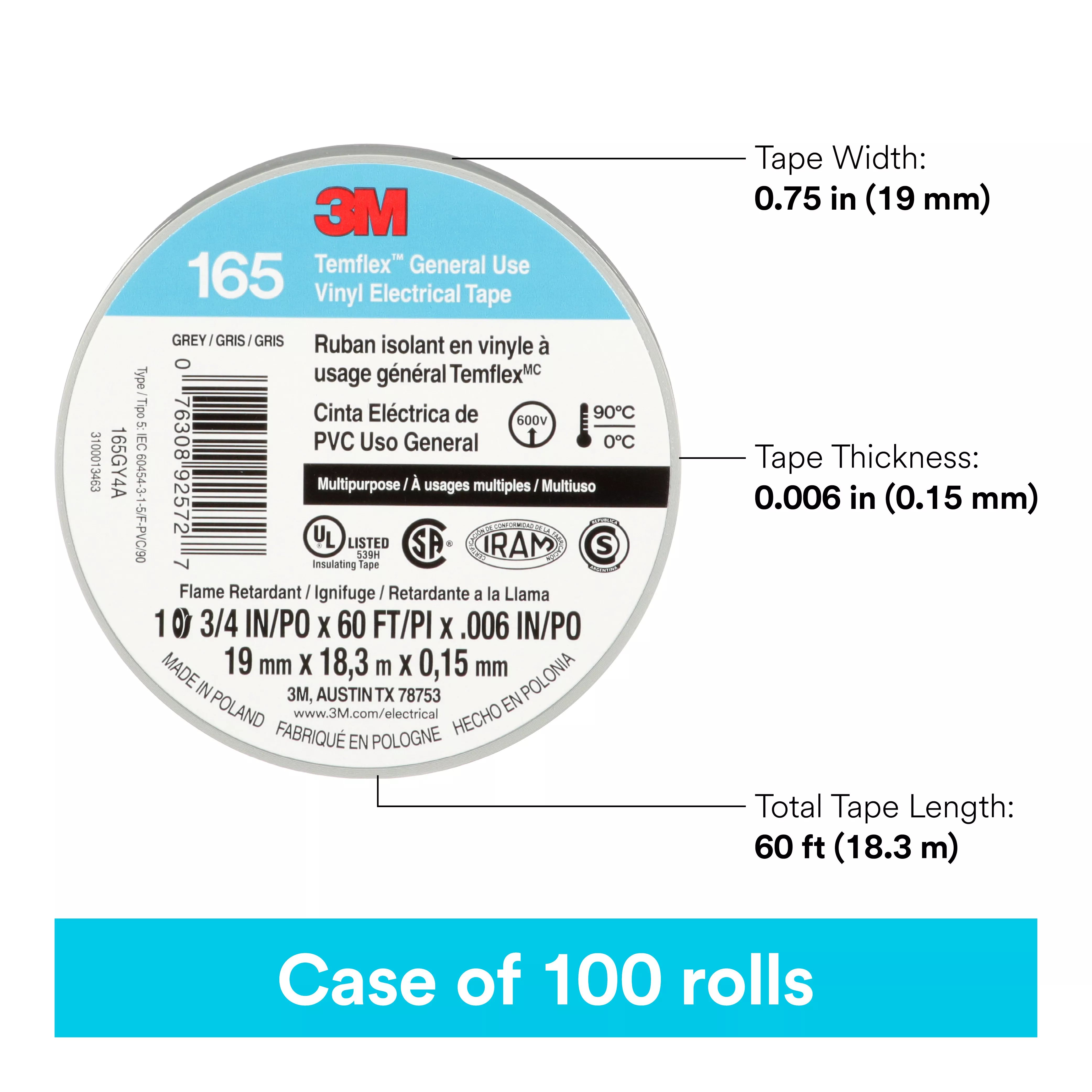 SKU 7100169192 | 3M™ Temflex™ Vinyl Electrical Tape 165