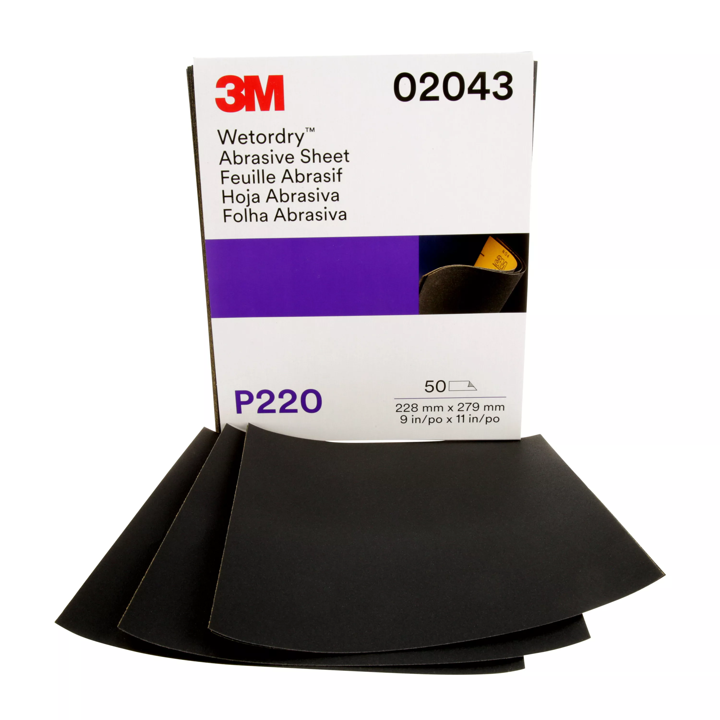 3M™ Wetordry™ Abrasive Sheet, 02043, P220, 9 in x 11 in, 50 sheets per
carton, 5 cartons per case