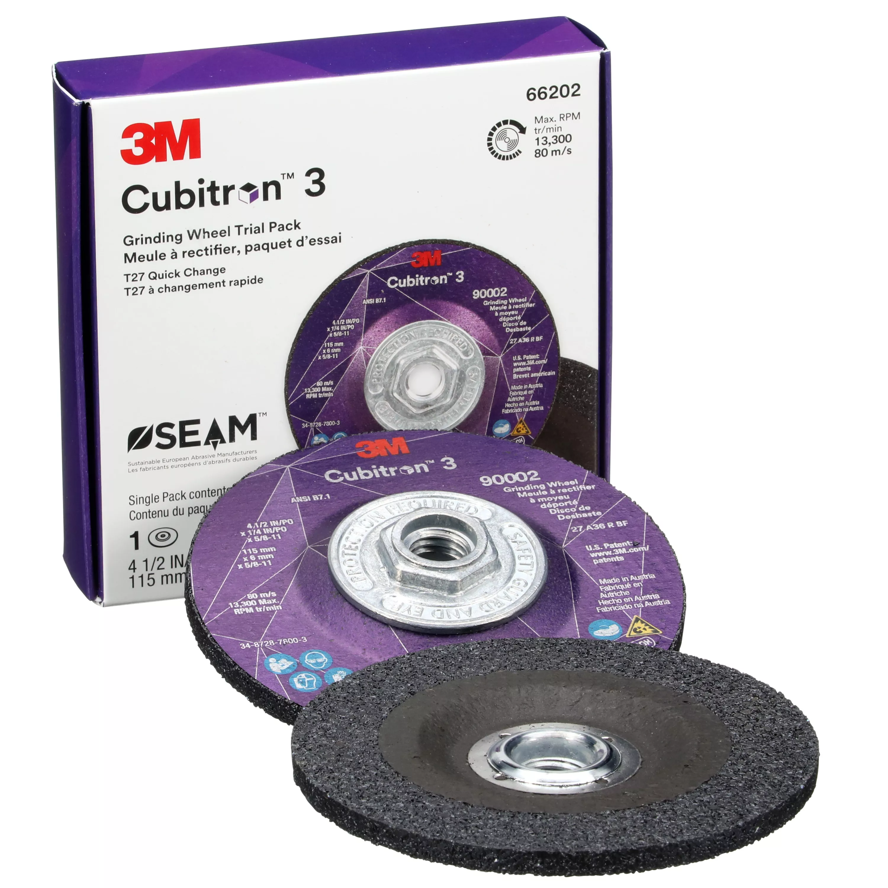 3M™ Cubitron™ 3 Depressed Center Grinding Wheel, 66202, 36+, Type 27, 4-1/2 in x 1/4 in x 5/8 in-11, ANSI, 10 ea/Case, Trial Pack
