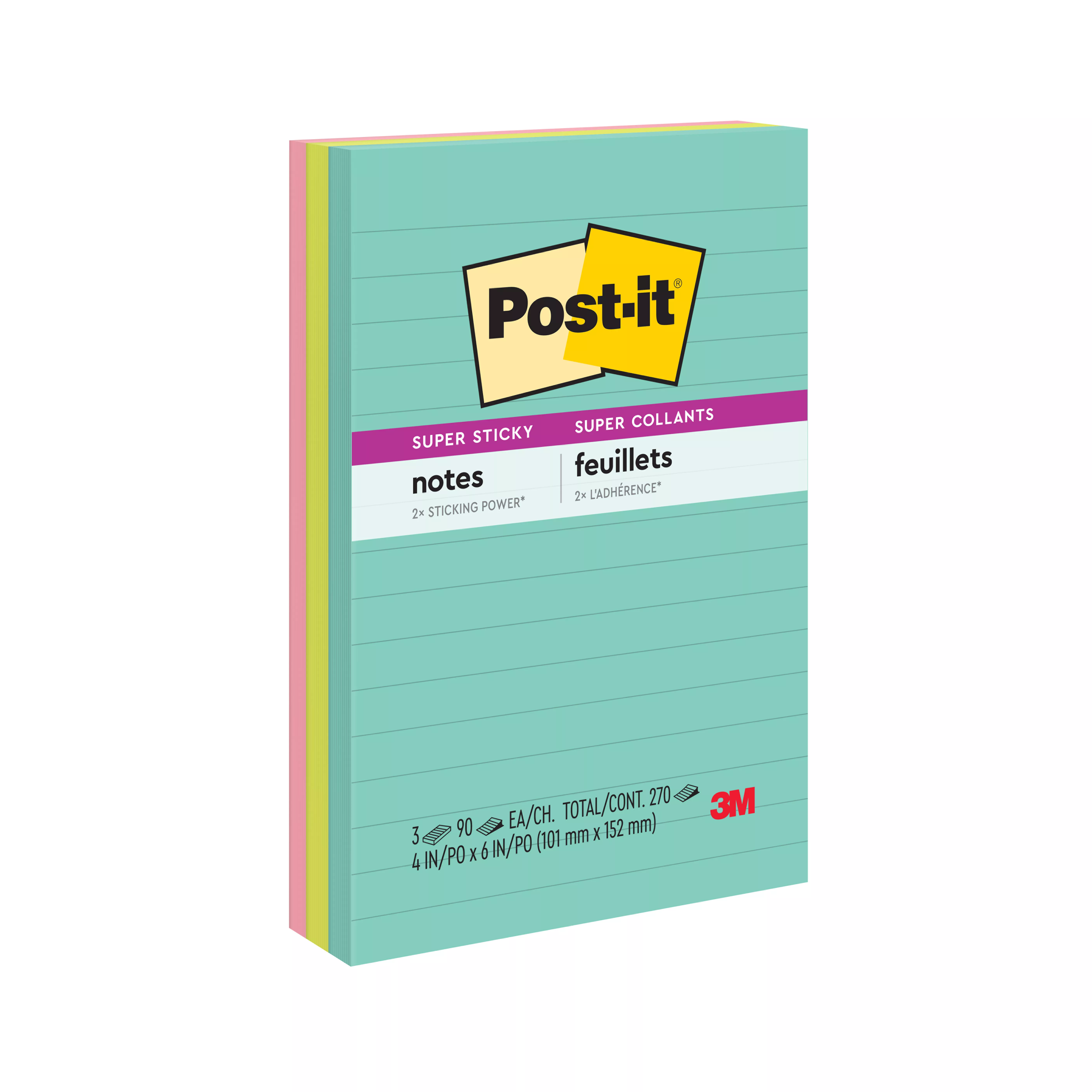 Post-it® Super Sticky Notes 4645-3SSAN, 4 in x 6 in (101 mm x 152 mm), Supernova Neons Collection, Lined, 3 Pads/Pack