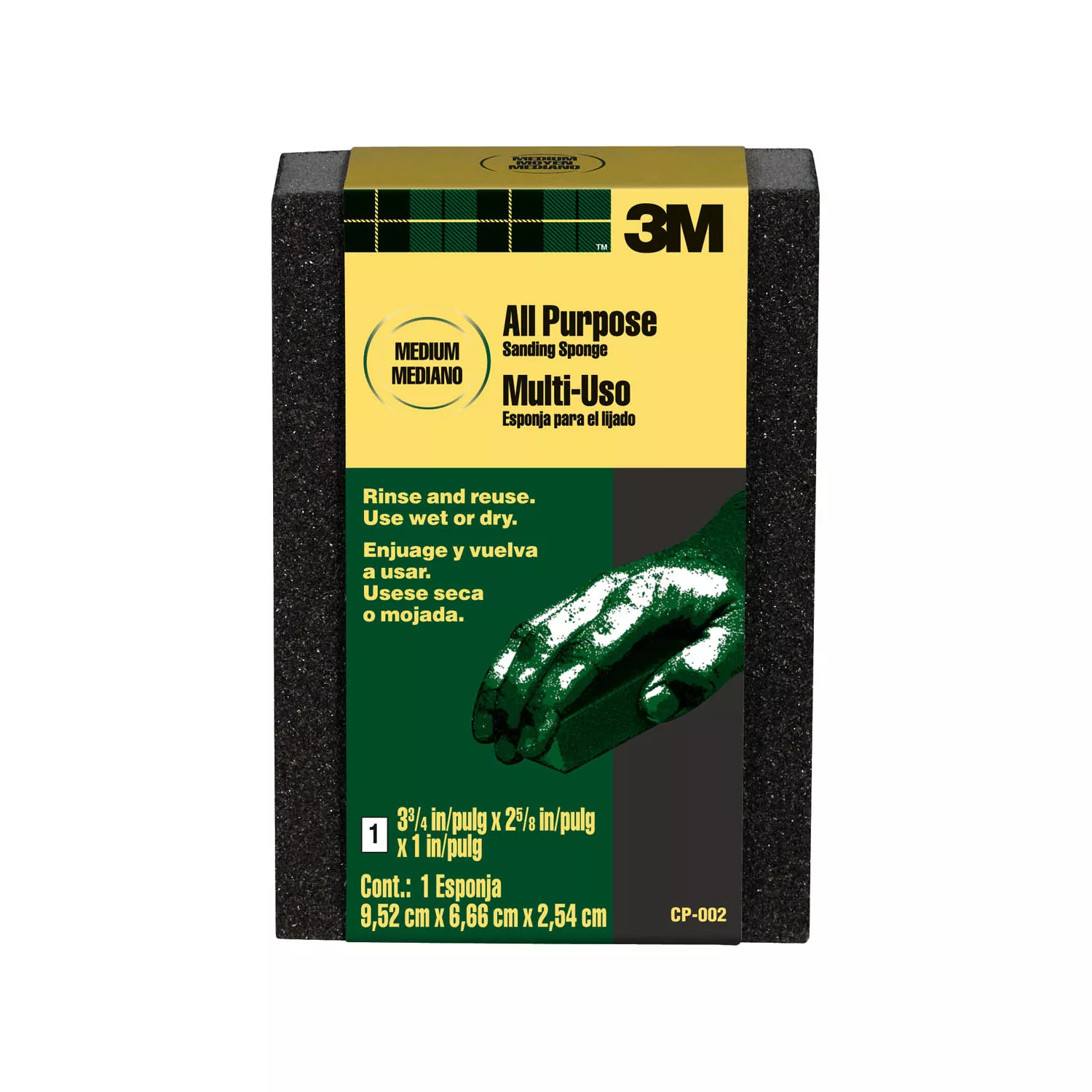 3M™ General Purpose Sanding Sponge CP-002A, Block, 3 3/4 in x 2 5/8 in x 1 in, Medium, Bulk, 250/cs