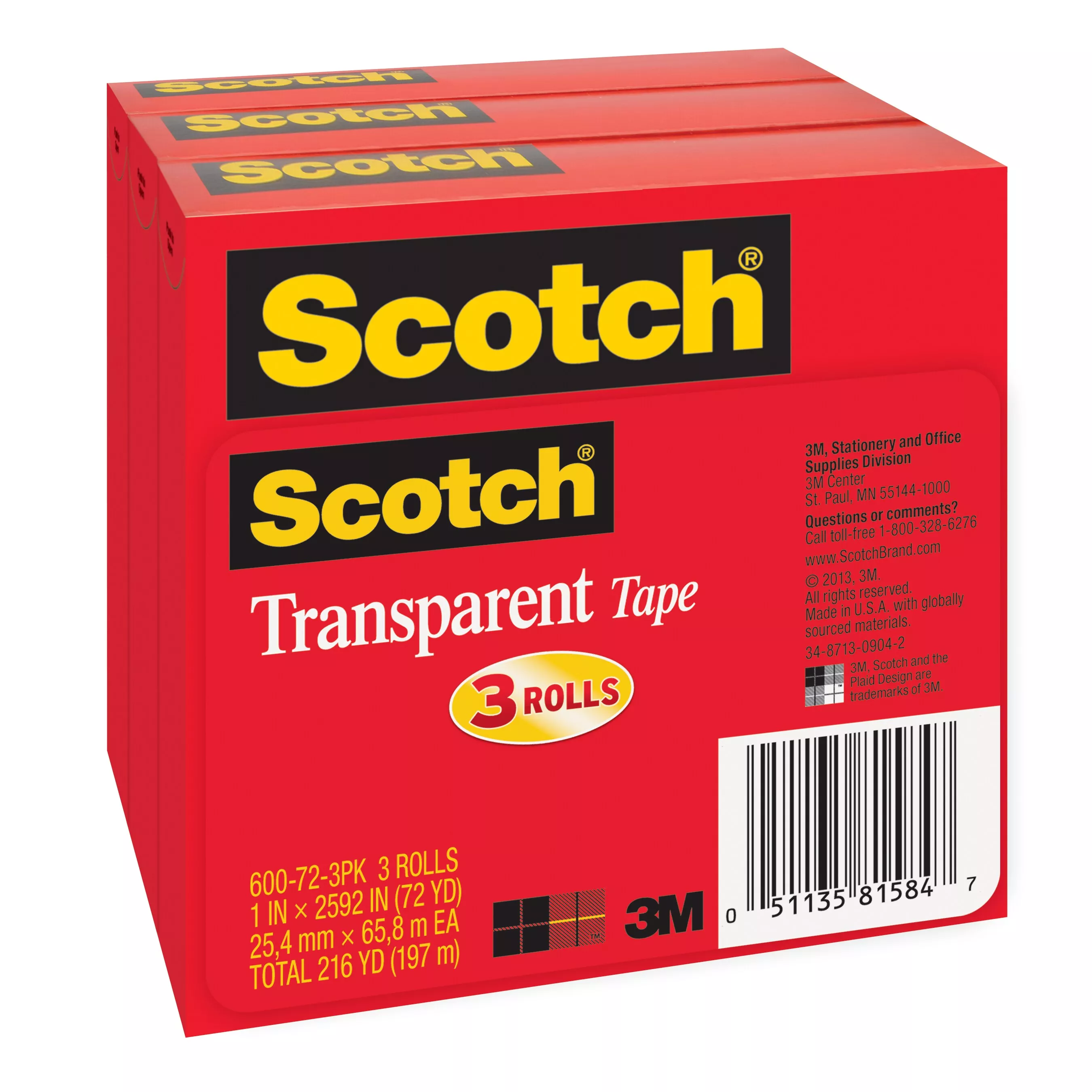 Scotch® Transparent Tape 600-72-3PK, 1 in x 2592 in (25,4 mm x 65,8) 3PK