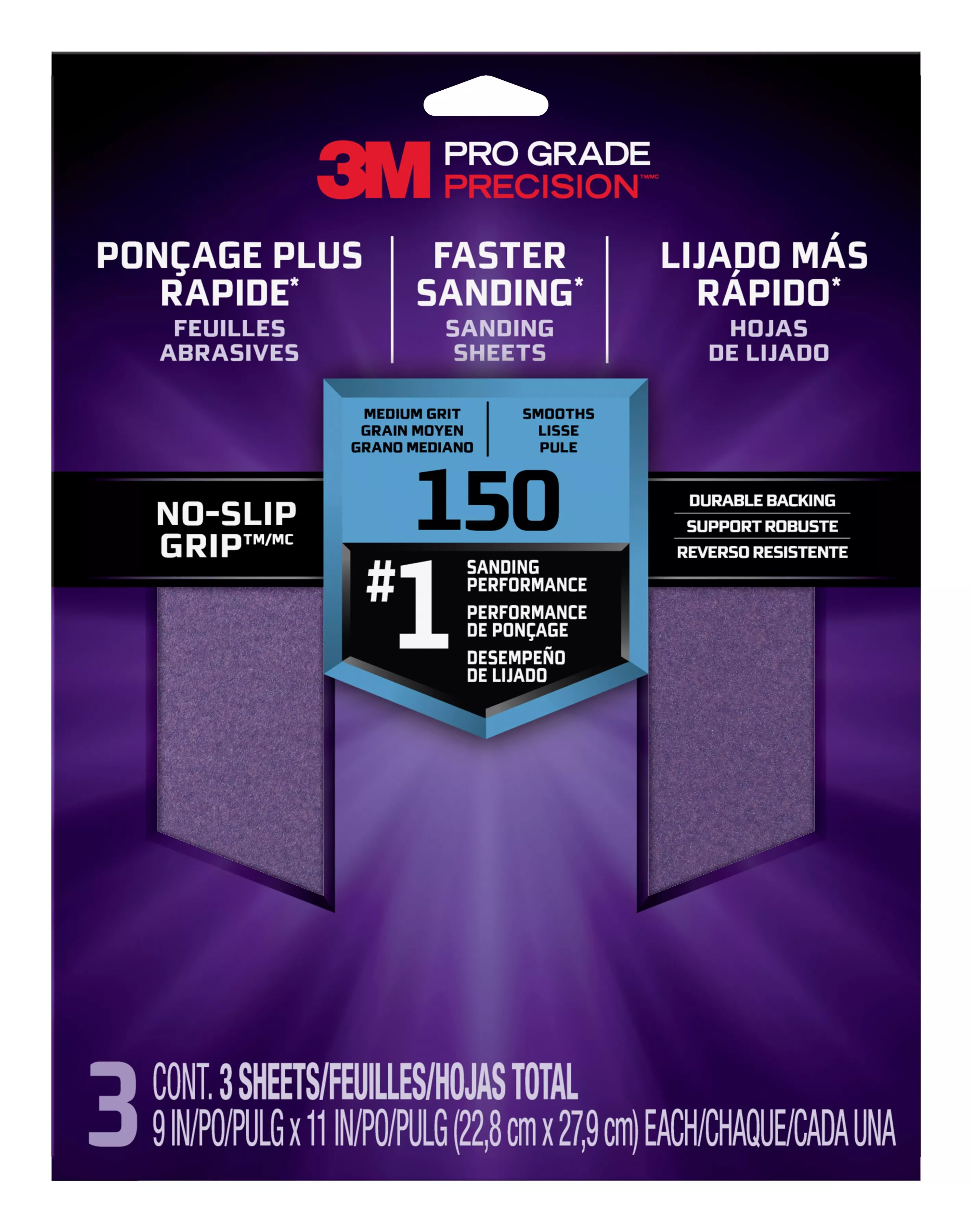 3M™ Pro Grade Precision™ Faster Sanding Sanding Sheets 150 grit Medium,
26150TRI-3, 9 in x 11 in, 3/pk