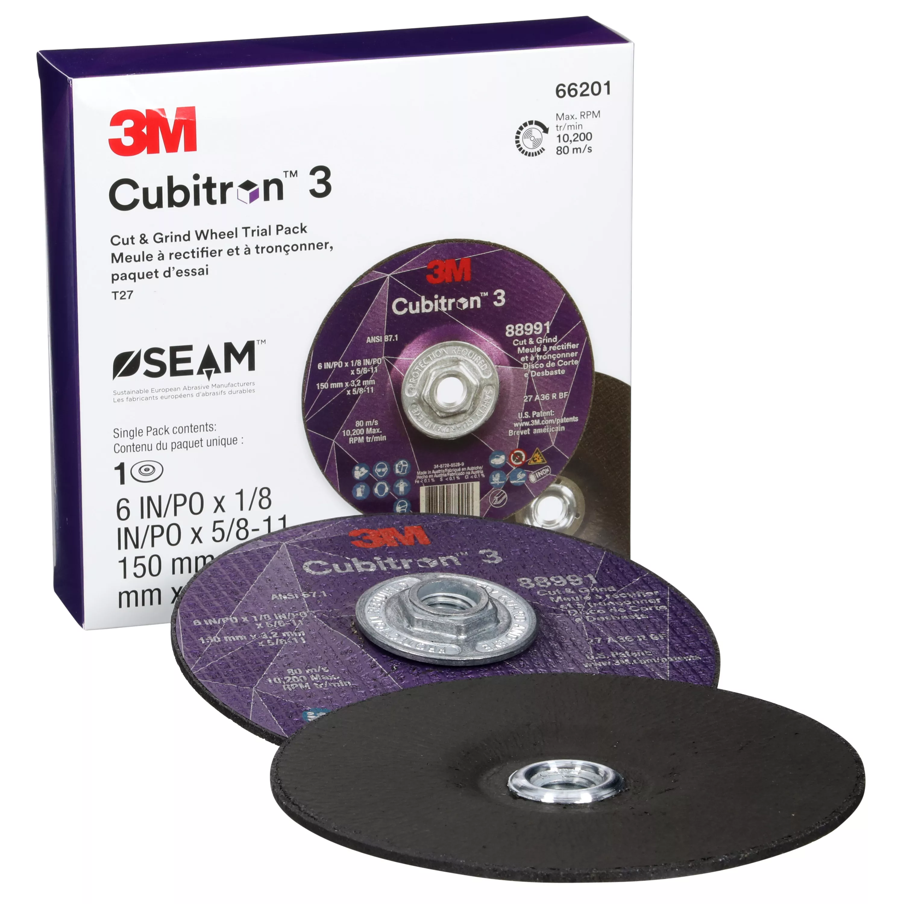 3M™ Cubitron™ 3 Cut and Grind Wheel, 66201, 36+, Type 27, 6 in x 1/8 in x 5/8 in-11 (150mmx3.2mm), ANSI, 10 ea/Case, Trial Pack