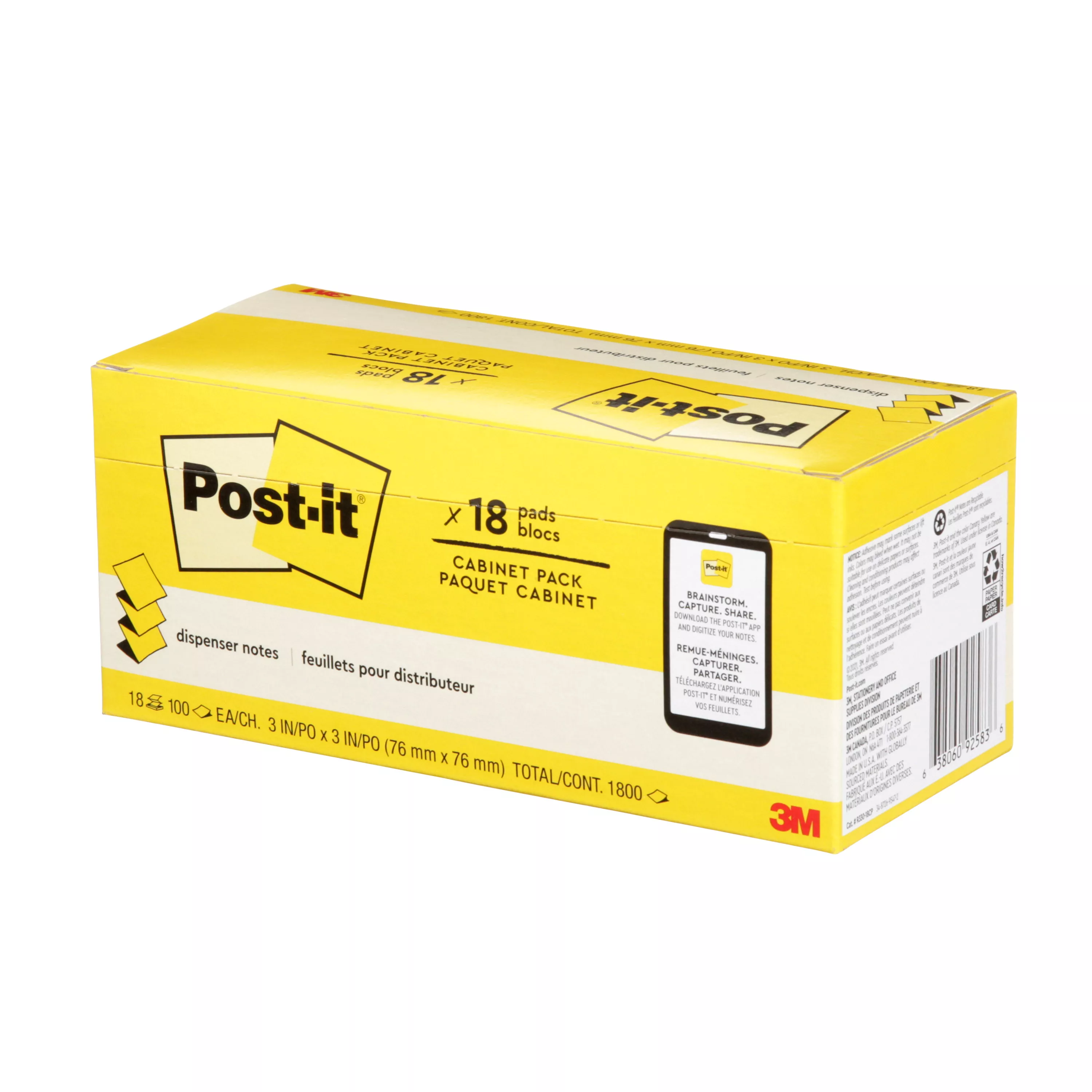 Post-it® Dispenser Pop-up Notes R330-18CP, 3 in x 3 in (76 mm x 76 mm), Canary Yellow, 100 sheets/pad, 18 Pad, Cabinet Pack