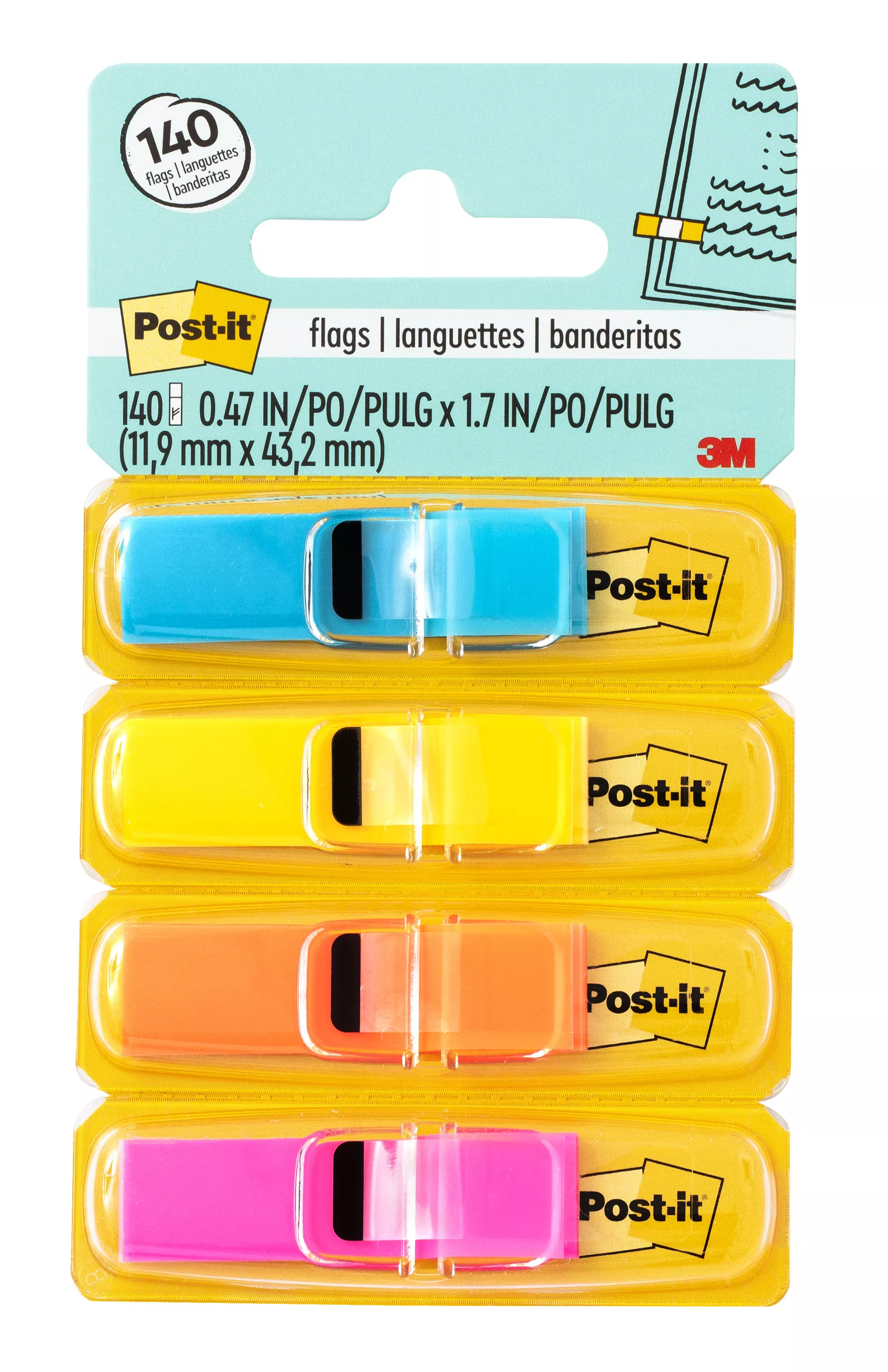 Post-it® Flags 683-4ABX, 4 Colors, 0.47 in x 1.7 in, 6 Pack/Carton, 4 Carton/Case