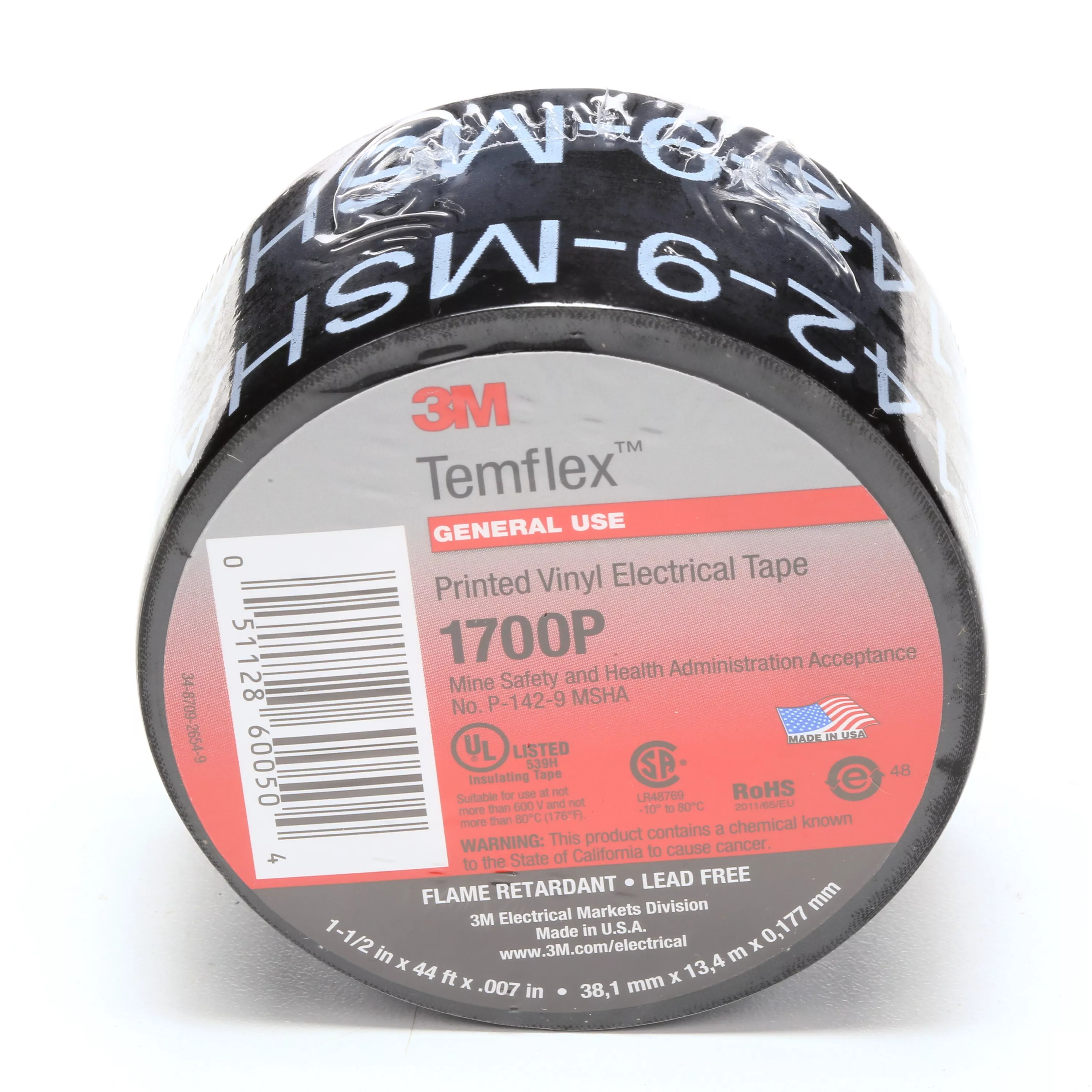 3M™ Temflex™ Mining-Grade Vinyl Electrical Tape 1700P, 1-1/2 in x 66 ft, Printed, Black, 1 roll/carton, 50 rolls/Case