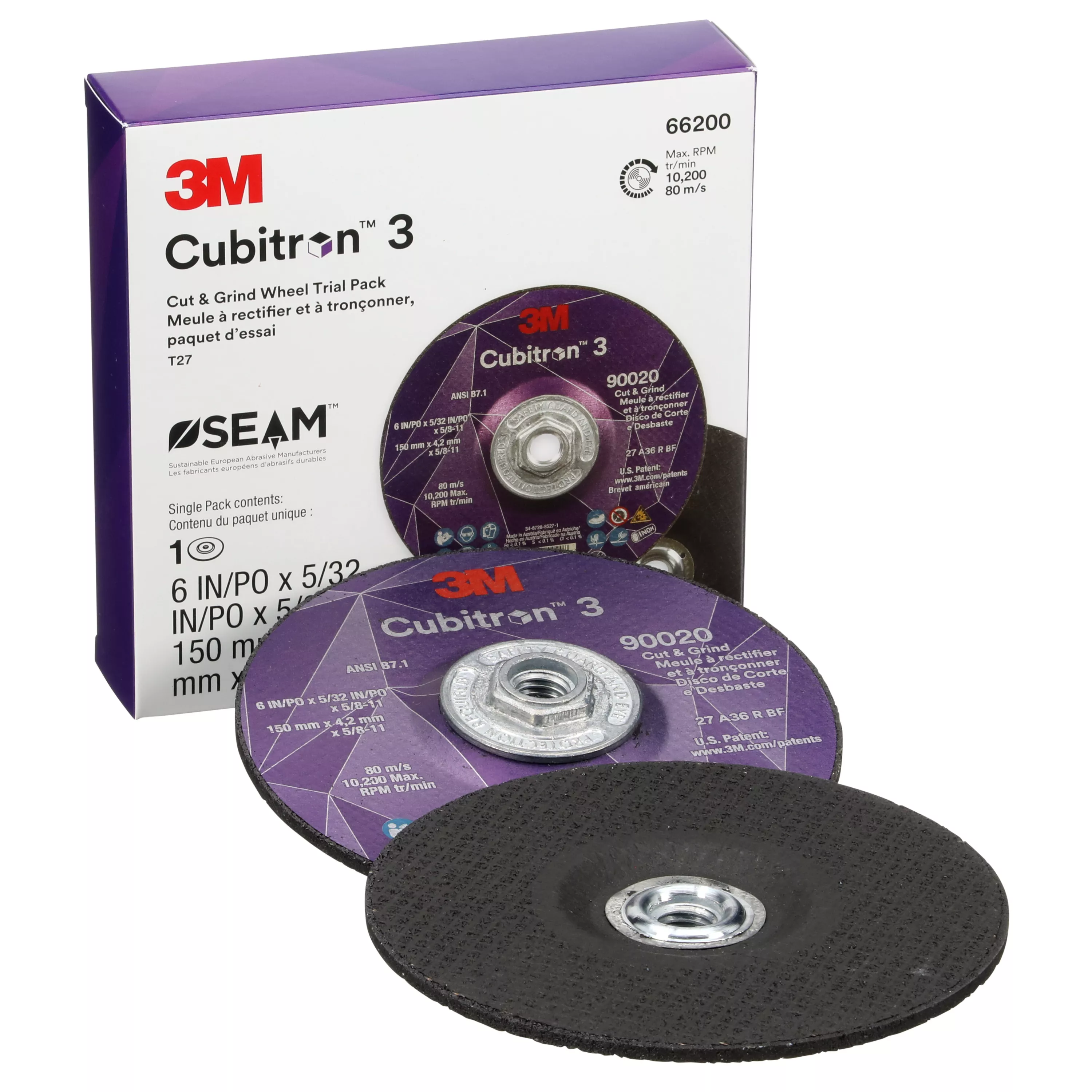 3M™ Cubitron™ 3 Cut and Grind Wheel, 66200, 36+, Type 27, 6 in x 5/32 in x 5/8 in-11 (150mmx4.2mm), ANSI, 10 ea/Case, Trial Pack