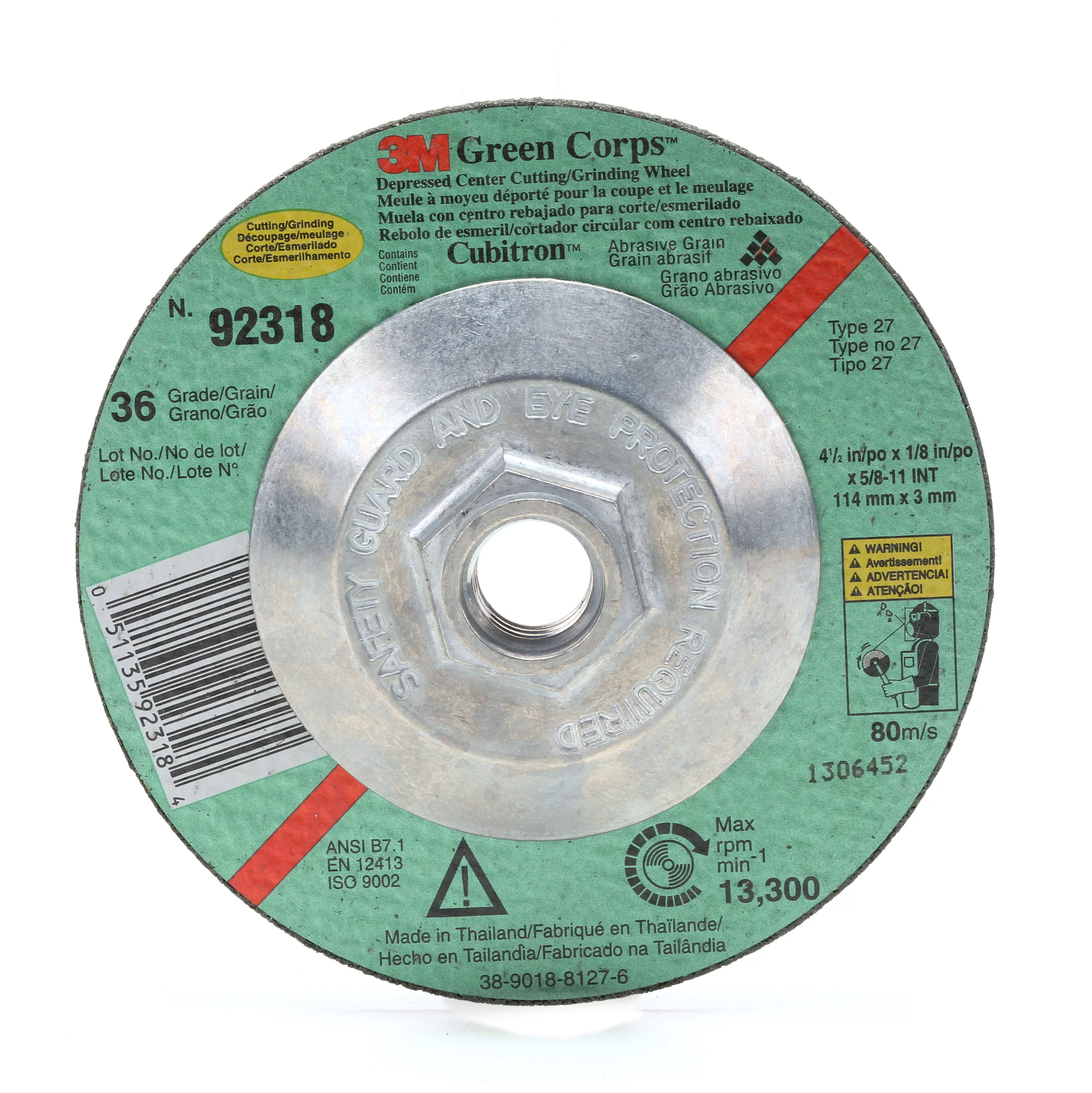 3M™ Green Corps™ Cutting/Grinding Wheel, T27, 4-1/2 in x 1/8 in x 7/8
in, 36, 20/Carton, 40 ea/Case