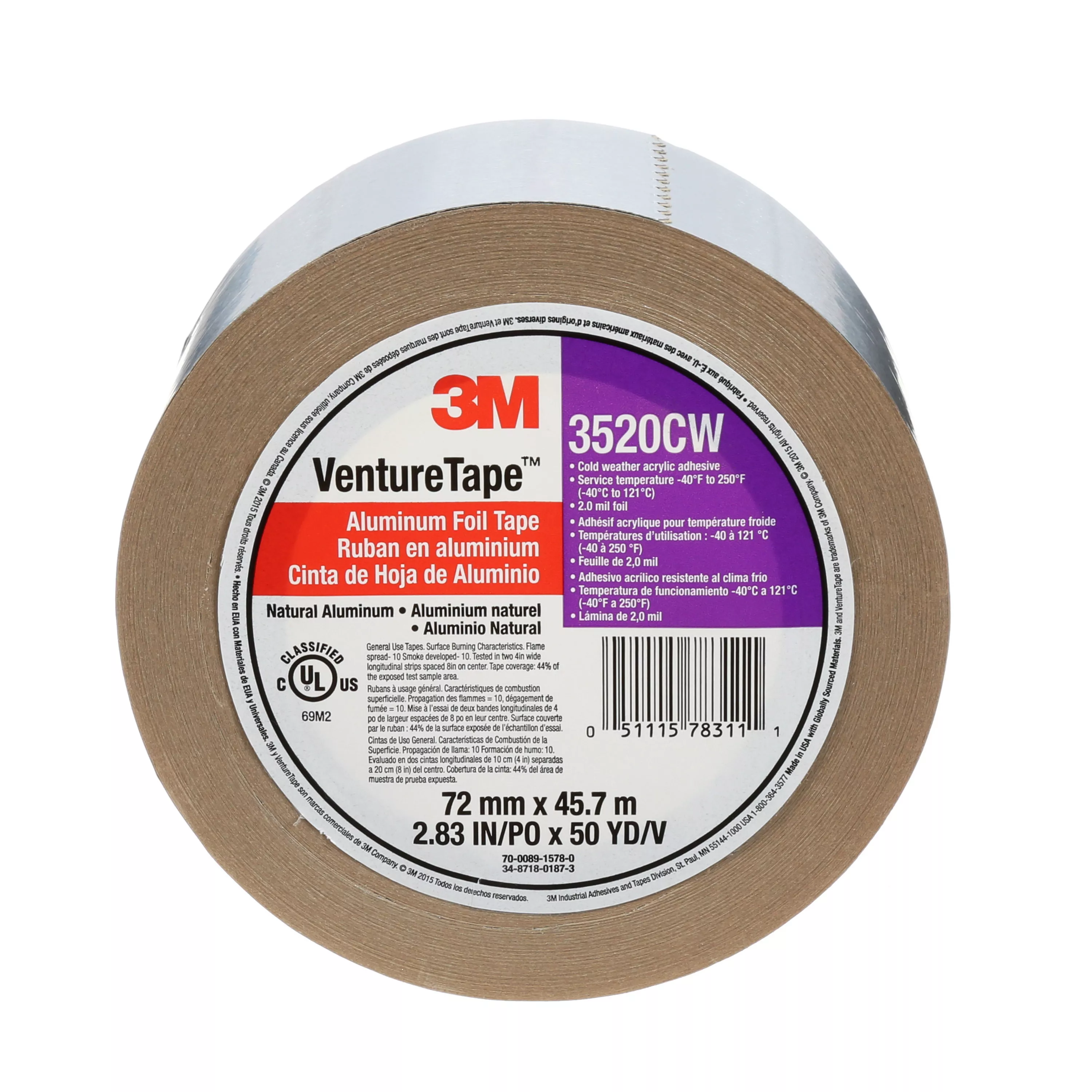 3M™ Venture Tape™ Aluminum Foil Tape 3520CW, Silver, 72 mm x 45.7 m, 3.7 mil, 16 Rolls/Case