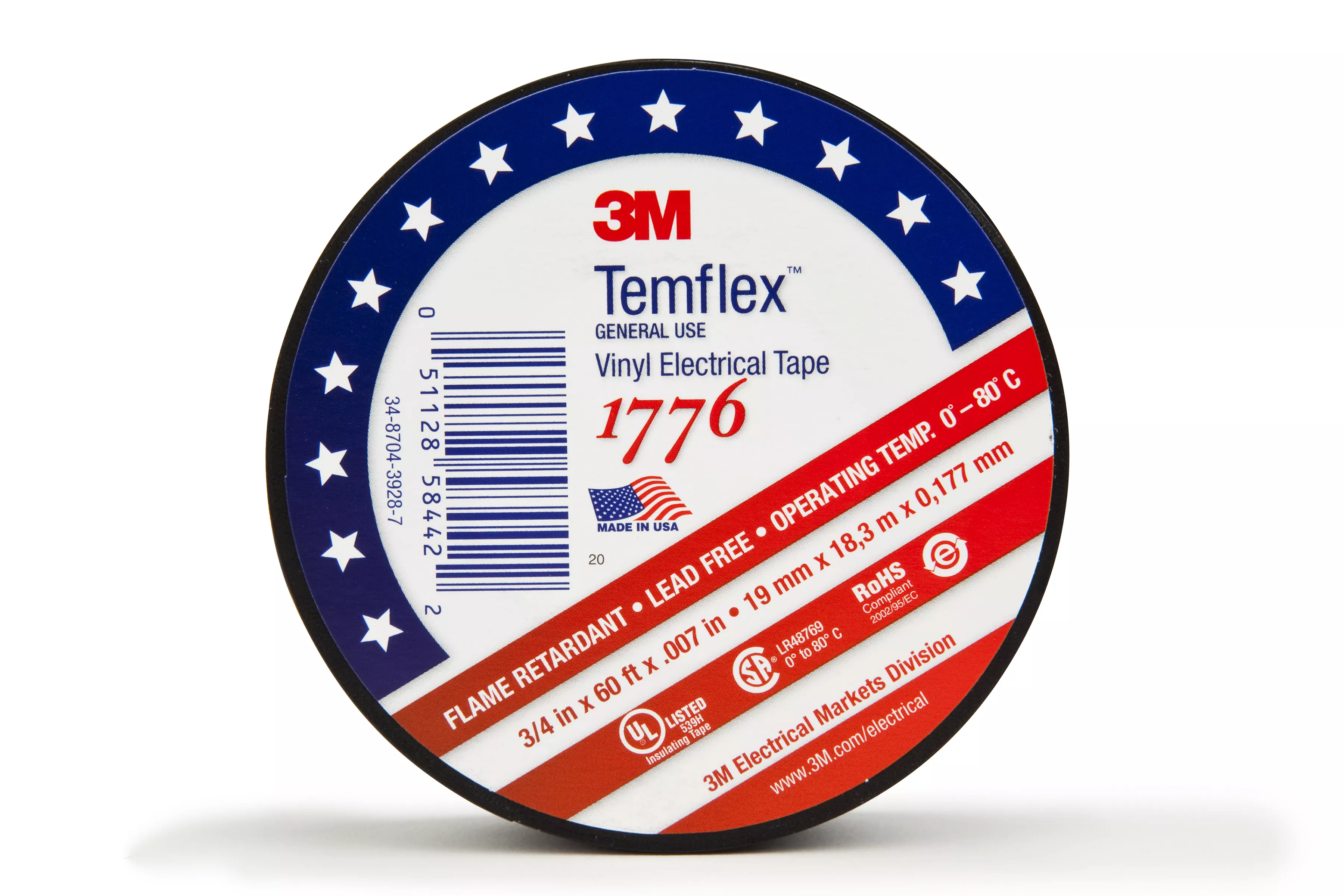 3M™ Temflex™ Vinyl Electrical Tape 1776, 3/4 in x  60 ft, 1-1/2 in Core, Black, 1 roll/carton, 100 rolls/Case