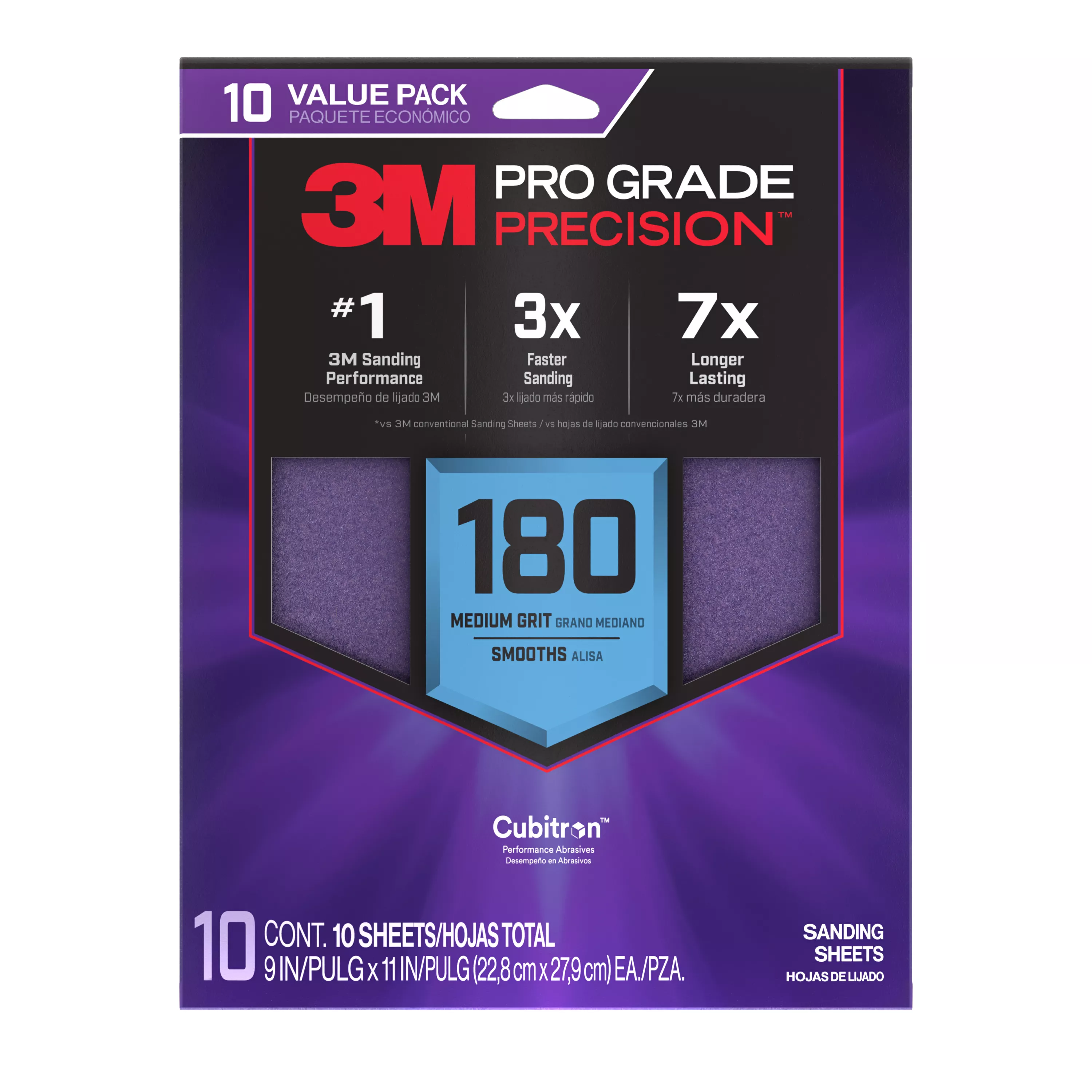 3M™ Pro Grade Precision™ Faster Sanding Sheets w/ NO-SLIP GRIP™ Backing SHR180-PGP-10T, 9 in x 11 in, 180 Gr, 10 Sht/Pk