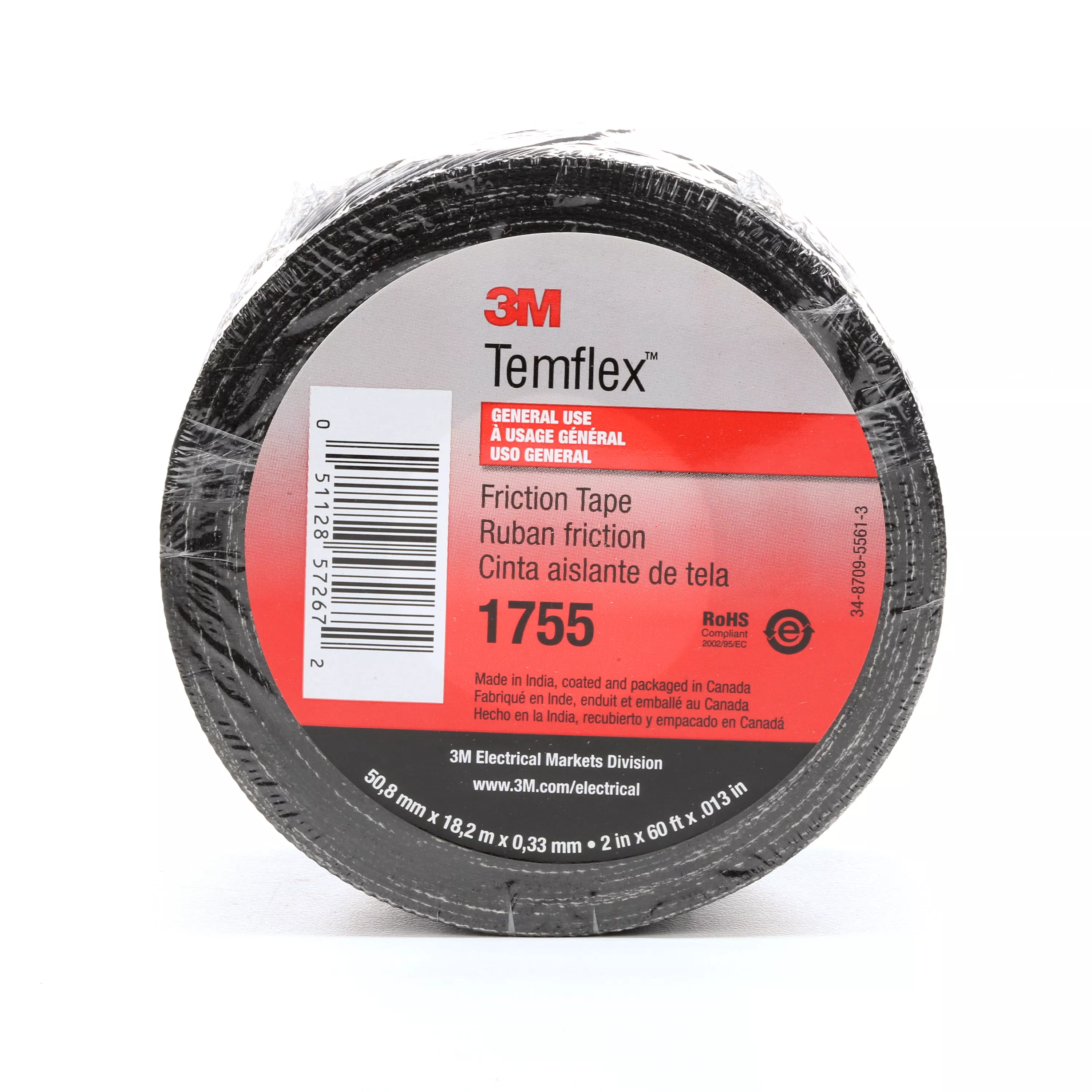 3M™ Temflex™ Cotton Friction Tape 1755, 2 in x 60 ft, Black, 30 rolls/Case