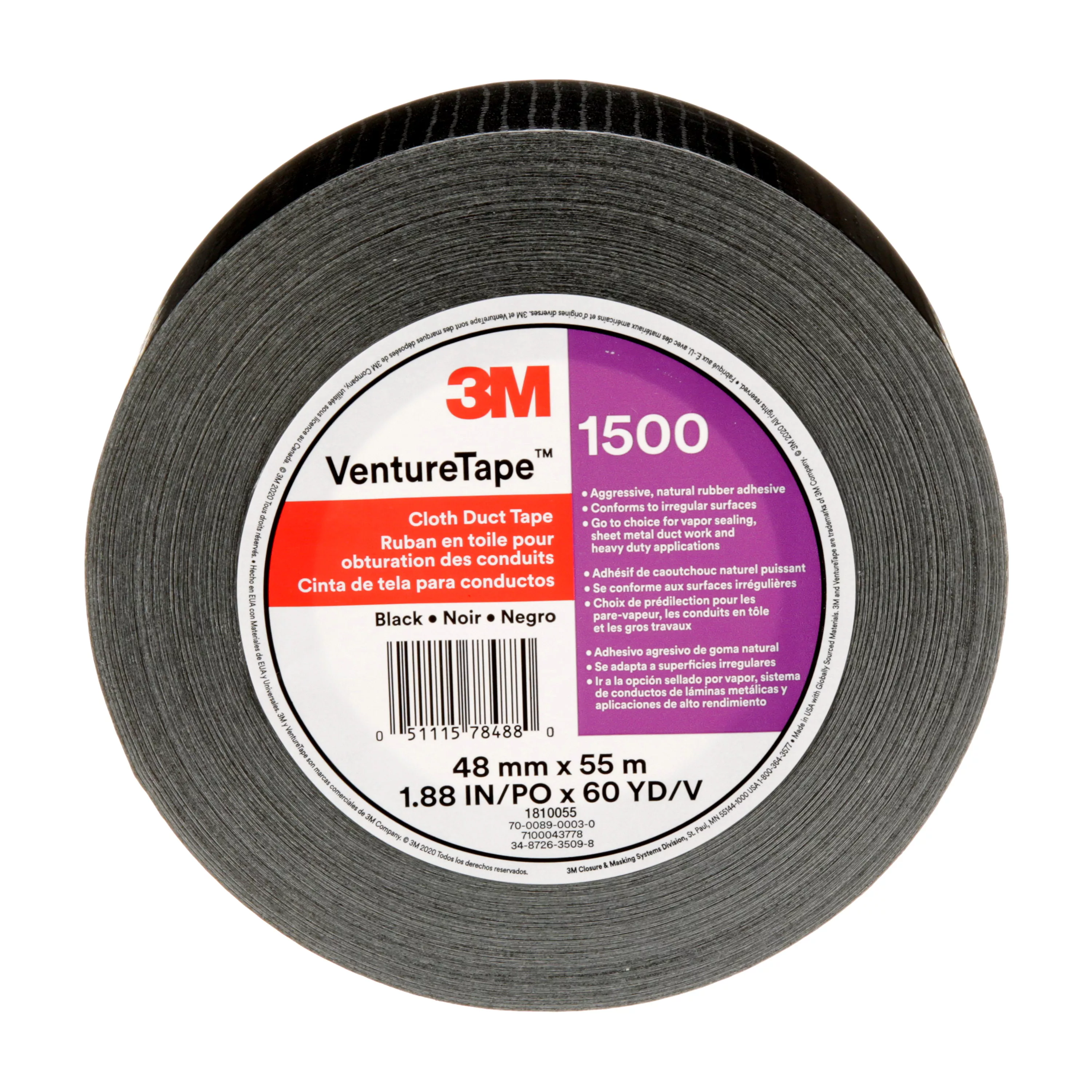 3M™ Venture Tape™ Cloth Duct Tape 1500, Black, 48 mm x 55 m (1.88 in x
60.1 yd), 24/Case