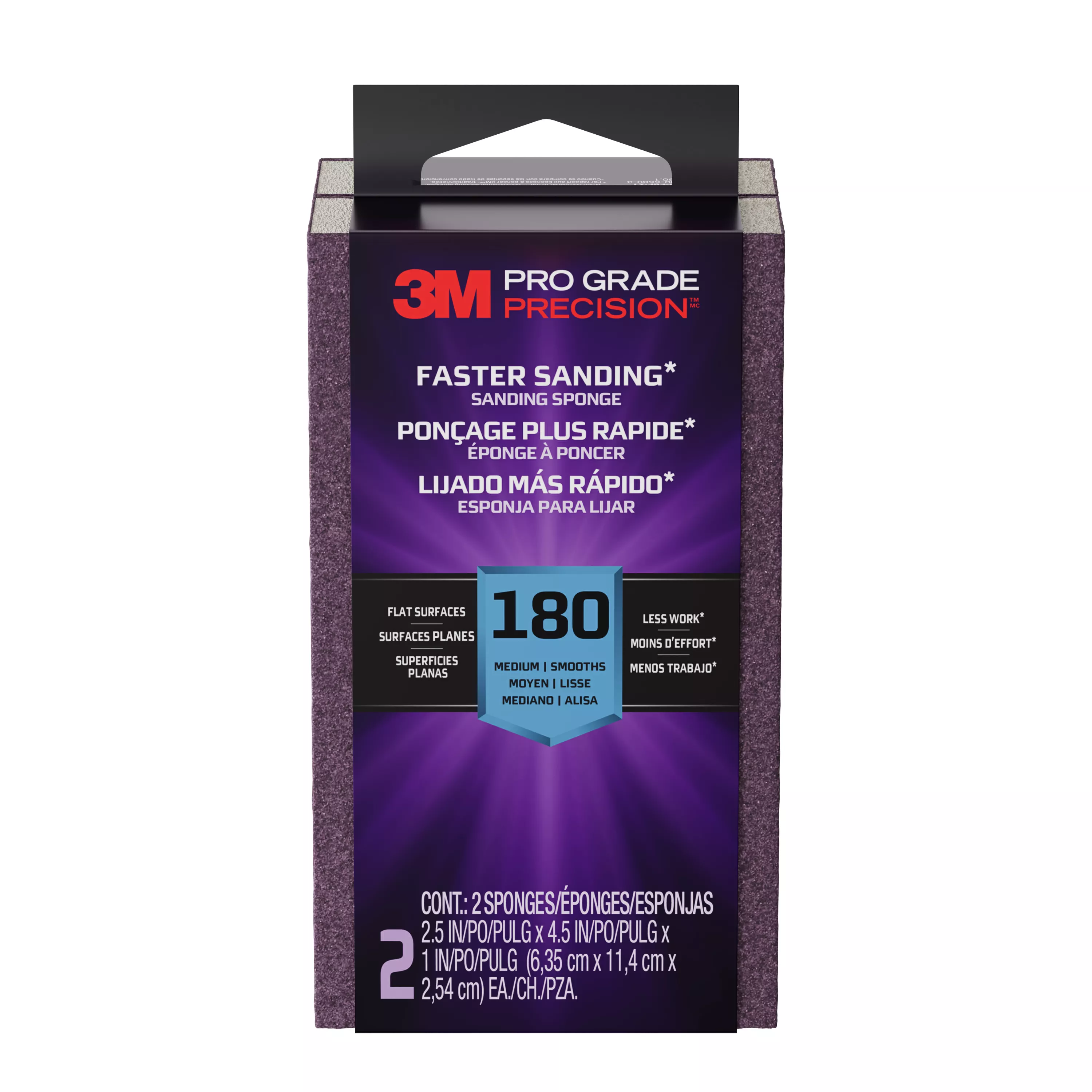 3M™ Pro Grade Precision™ Faster Sanding Sanding Block Sponge FSB180-PGP-2T, 2.5 x 4.5 x 1in, 180 grit, 2 each/pack