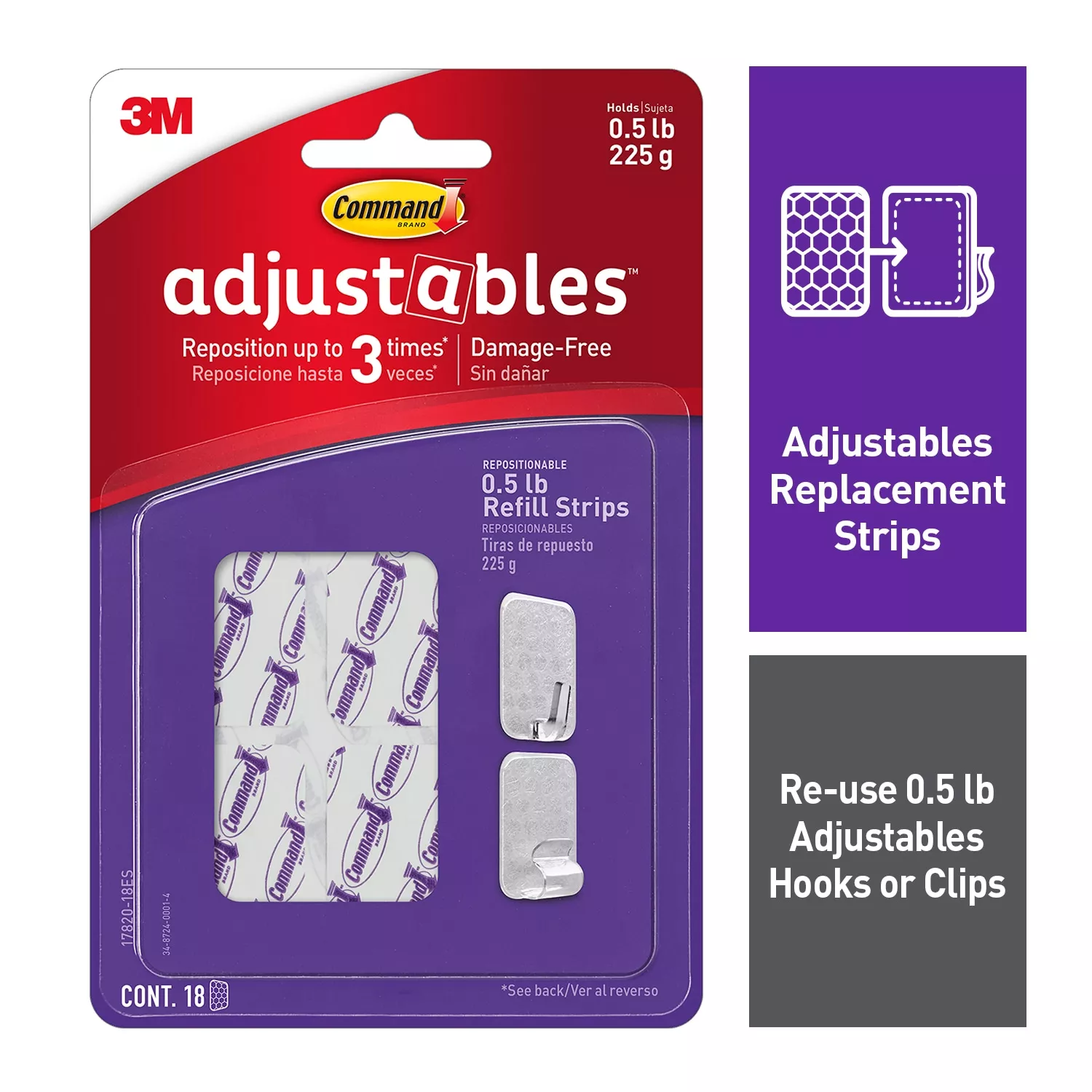 Command® Adjustables™ Repositionable 1/2 lb Refill Strips, 18 Strips,
17820-18ES