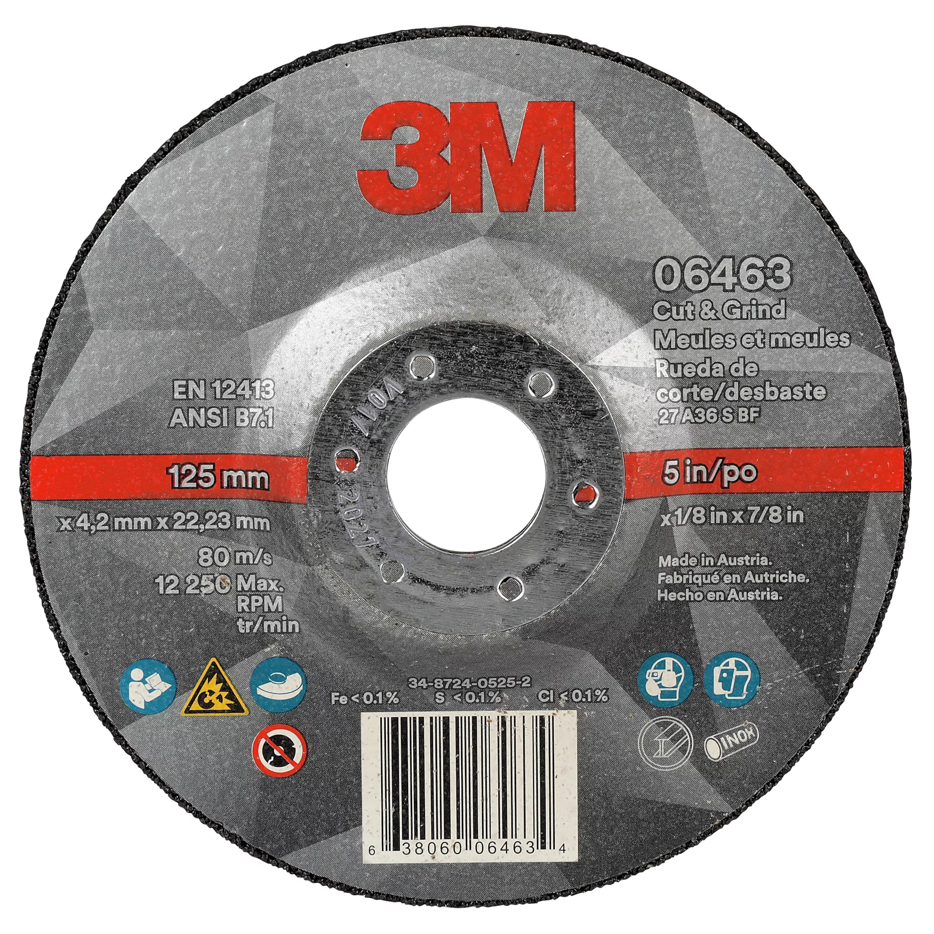 3M™ Cut & Grind Wheel, 06463, 36+, T27, 5 in x 1/8 in x 7/8 in, 10/Carton, 20 ea/Case