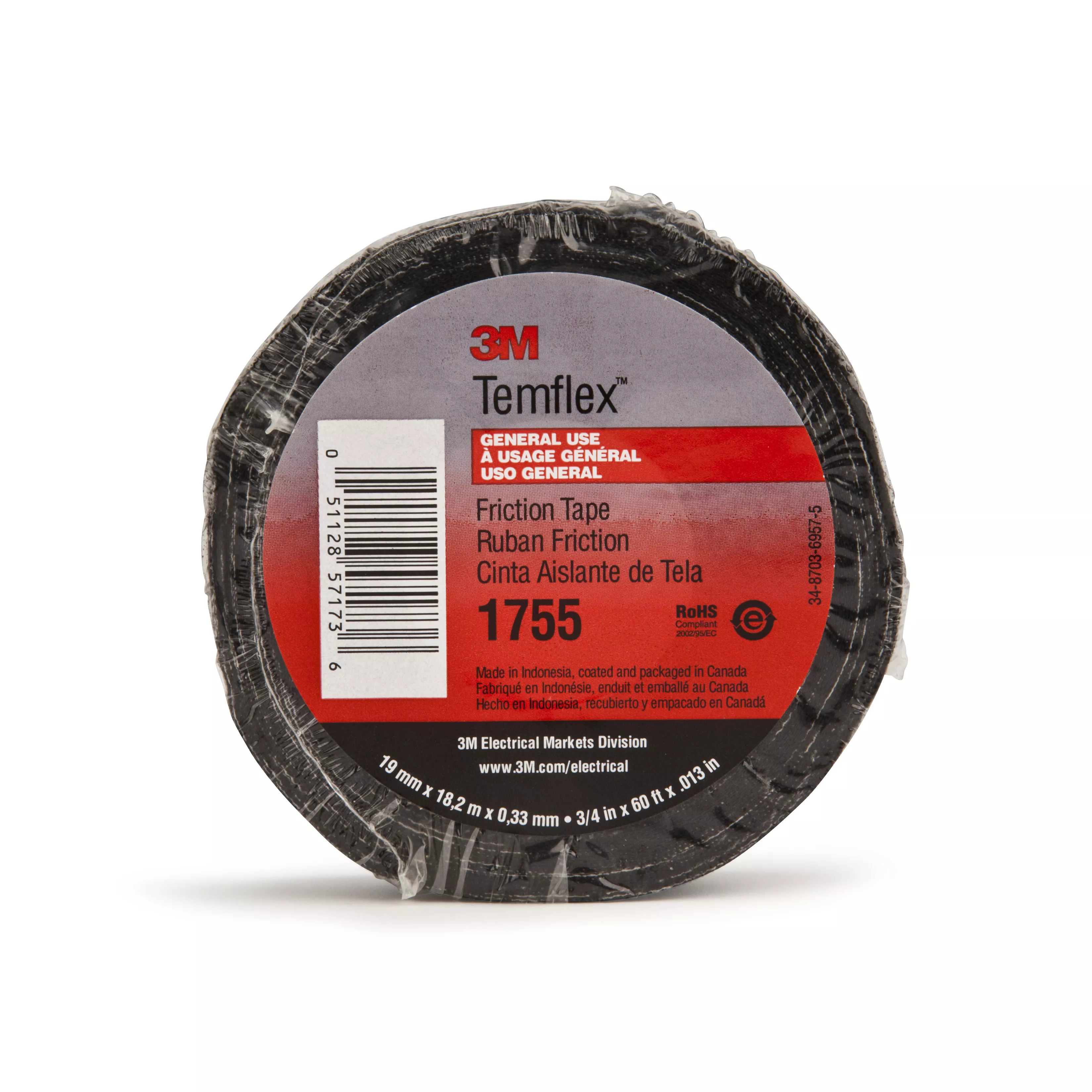 3M™ Temflex™ Cotton Friction Tape 1755, 3/4 in x 82-1/2 ft, Black, 60 rolls/Case