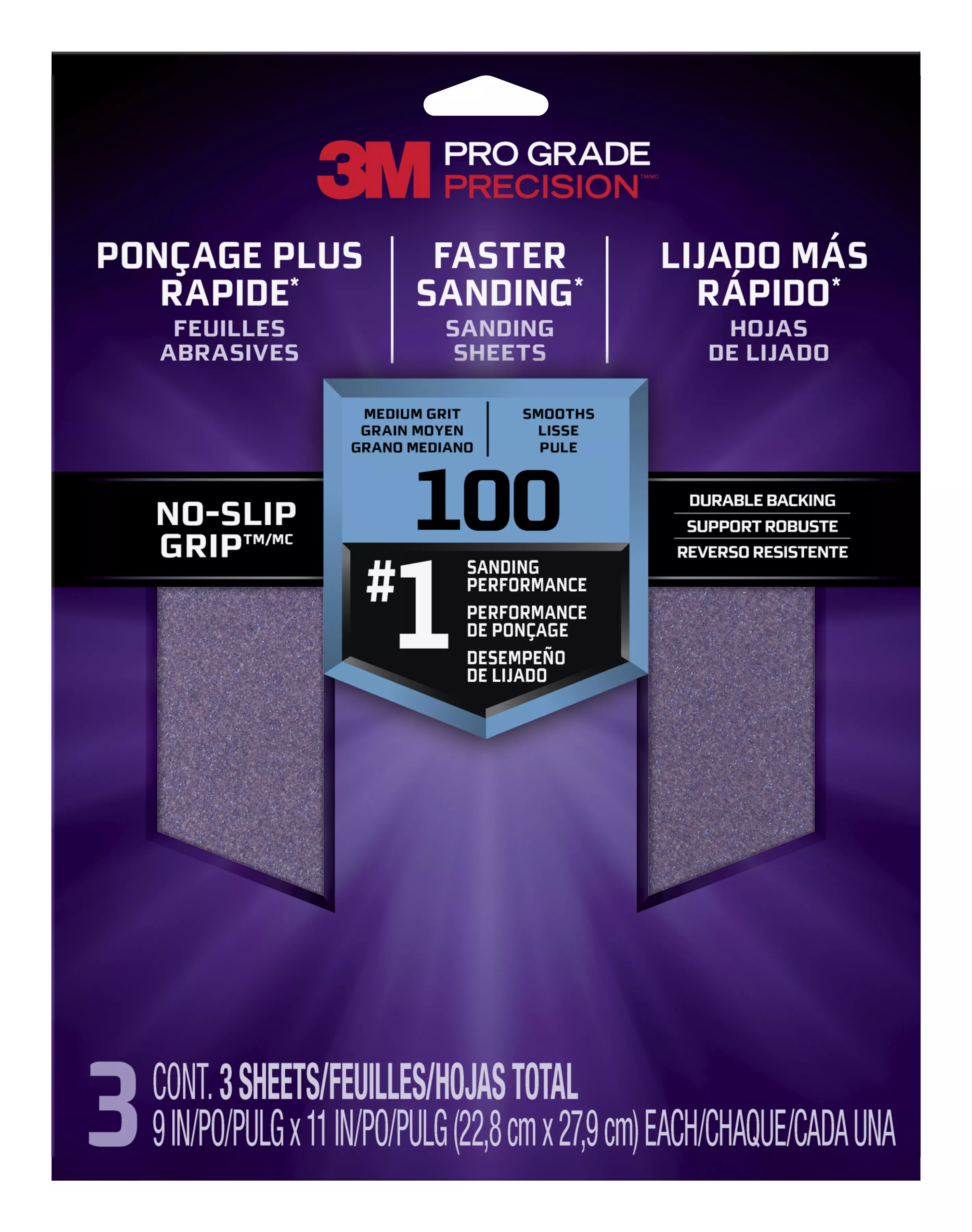 3M™ Pro Grade Precision™ Faster Sanding Sanding Sheets 100 grit Medium, 26100TRI-3, 9 in x 11 in, 3/pk