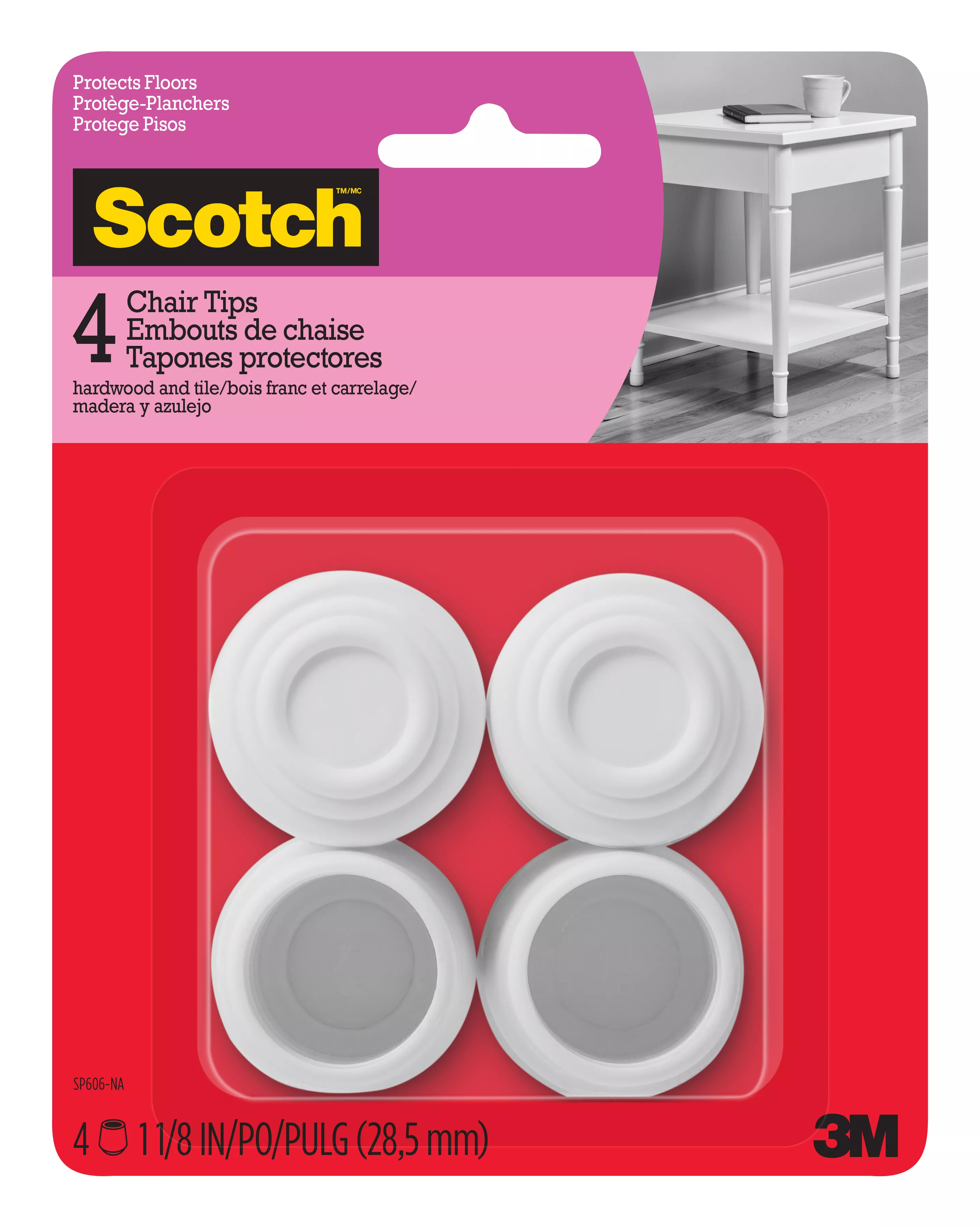 Scotch™ Chair Tips SP606-NA, White Rubber 1-1/8-In 4/Pk