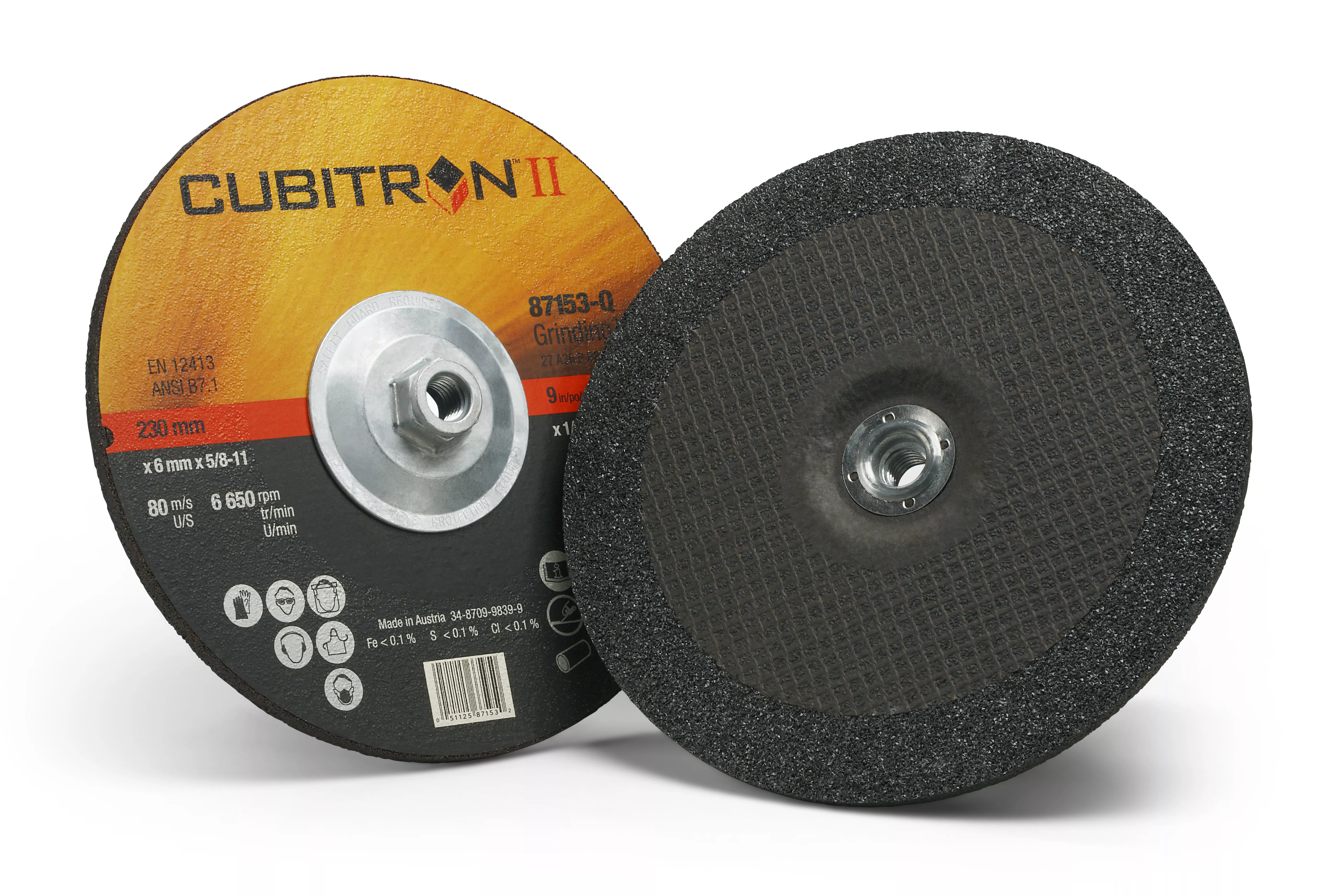 3M™ Cubitron™ II Depressed Center Grinding Wheel, 87153, T27 Quick Change, 9 in x 1/4 in x 5/8 in-11 in, 10/Carton, 20 ea/Case