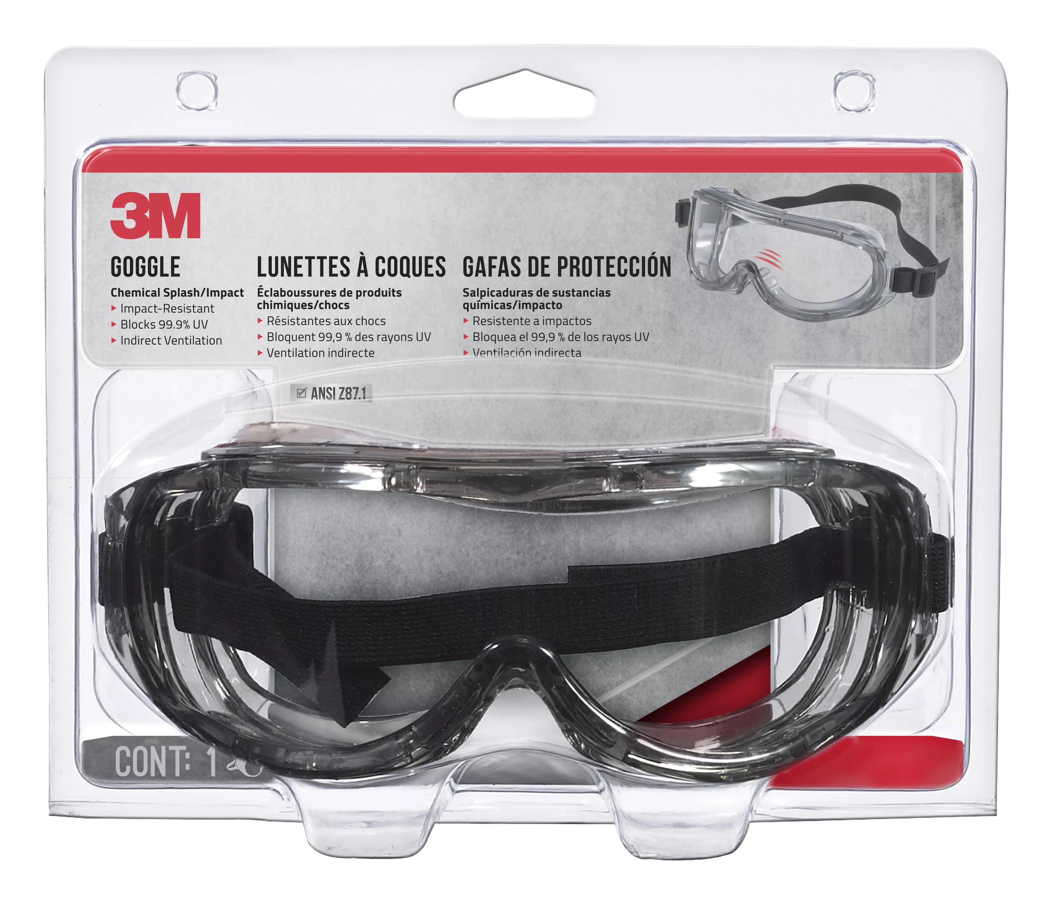 3M™ Professional Goggle, Chemical Splash, 91264H1-DC, Black Strap, Gray Lens, 4/case