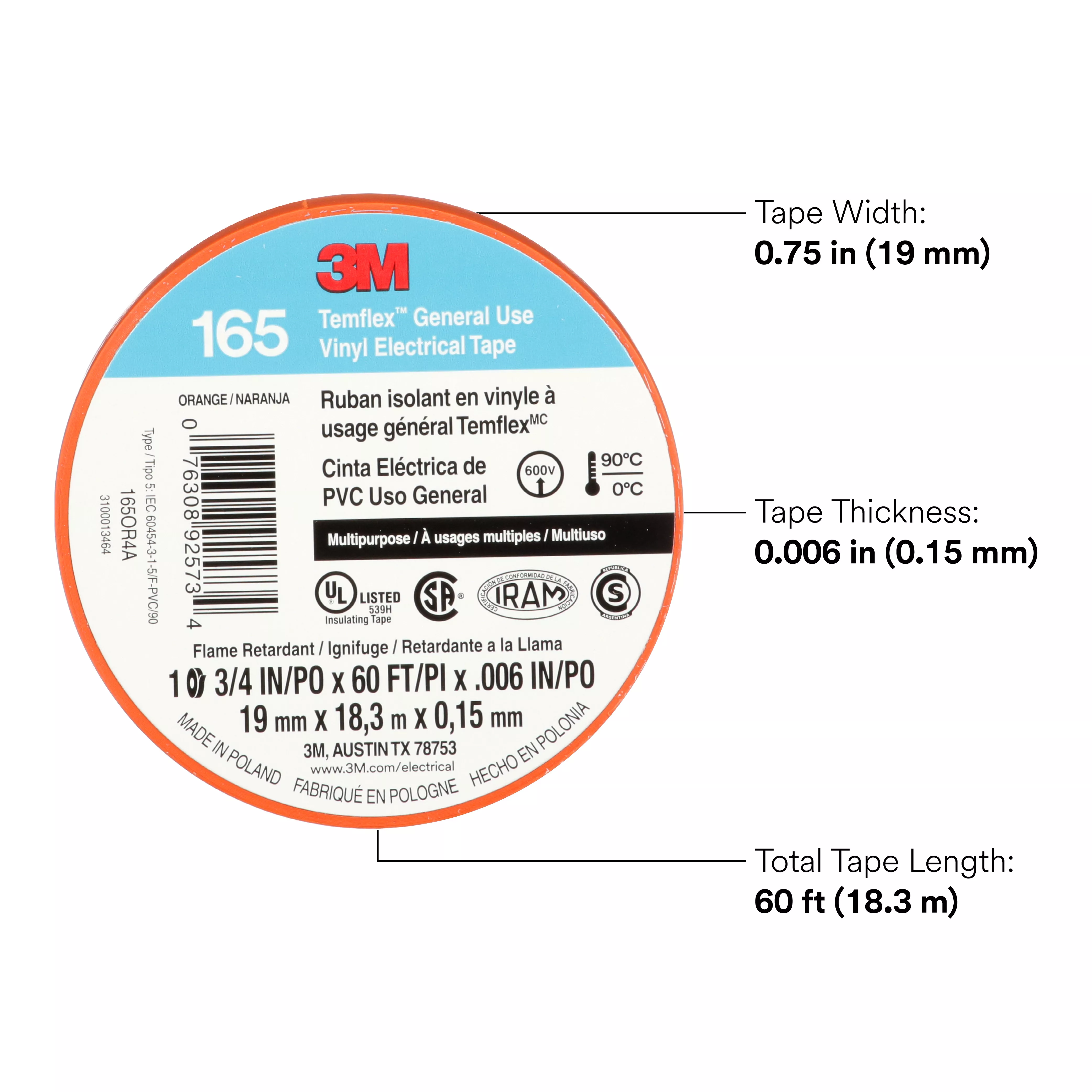 SKU 7100169433 | 3M™ Temflex™ Vinyl Electrical Tape 165