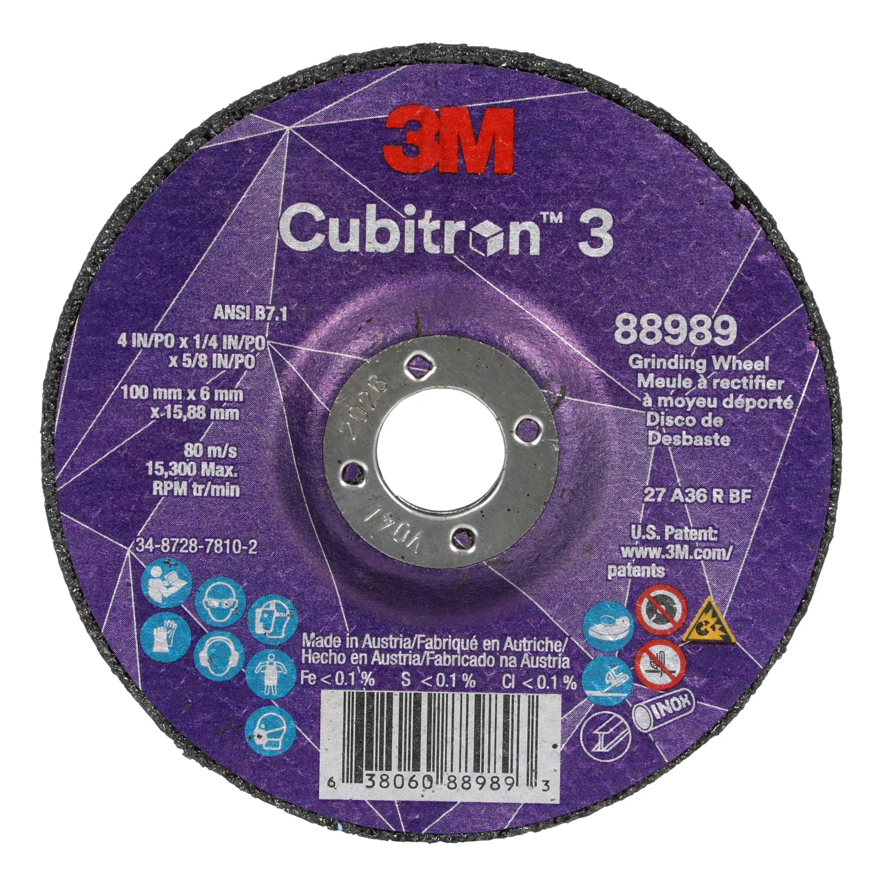 3M™ Cubitron™ 3 Depressed Center Grinding Wheel, 88989, 36+, T27, 4 in x
1/4 in x 5/8 in (100x6x15.88mm) ANSI, 10/Pack, 20 ea/Case