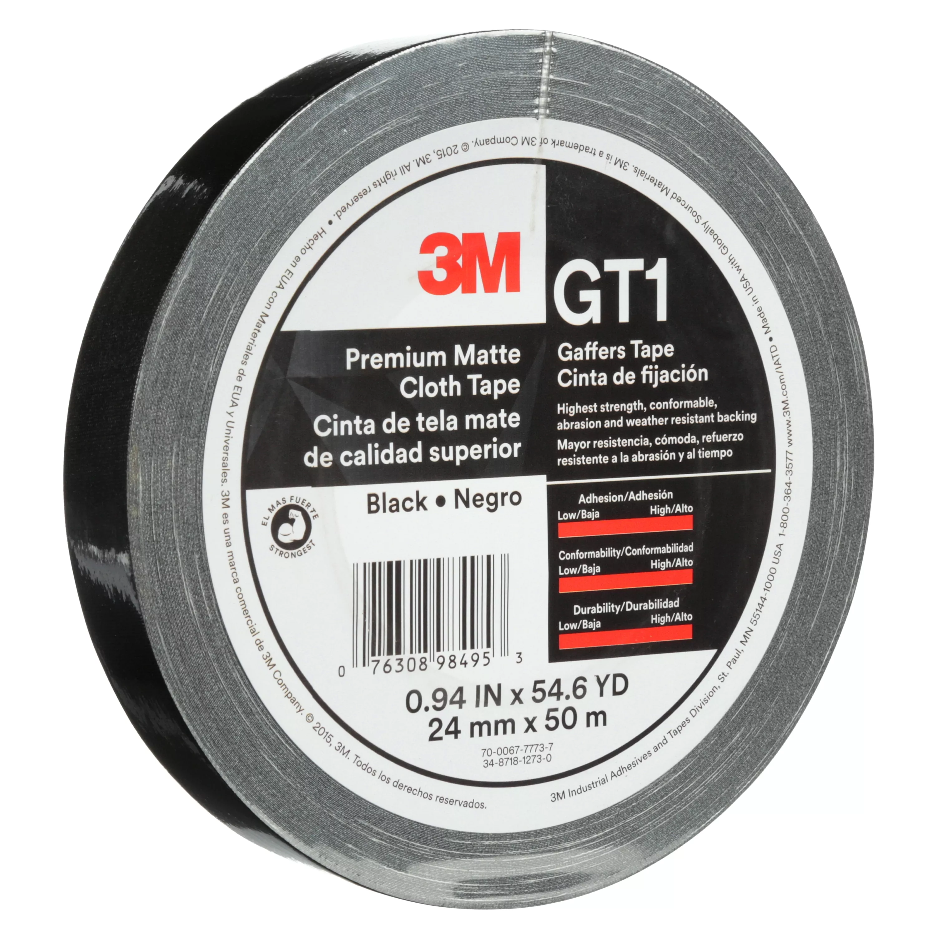 3M™ Premium Matte Cloth (Gaffers) Tape GT1, Black, 24 mm x 50 m, 11 mil,
48/Case