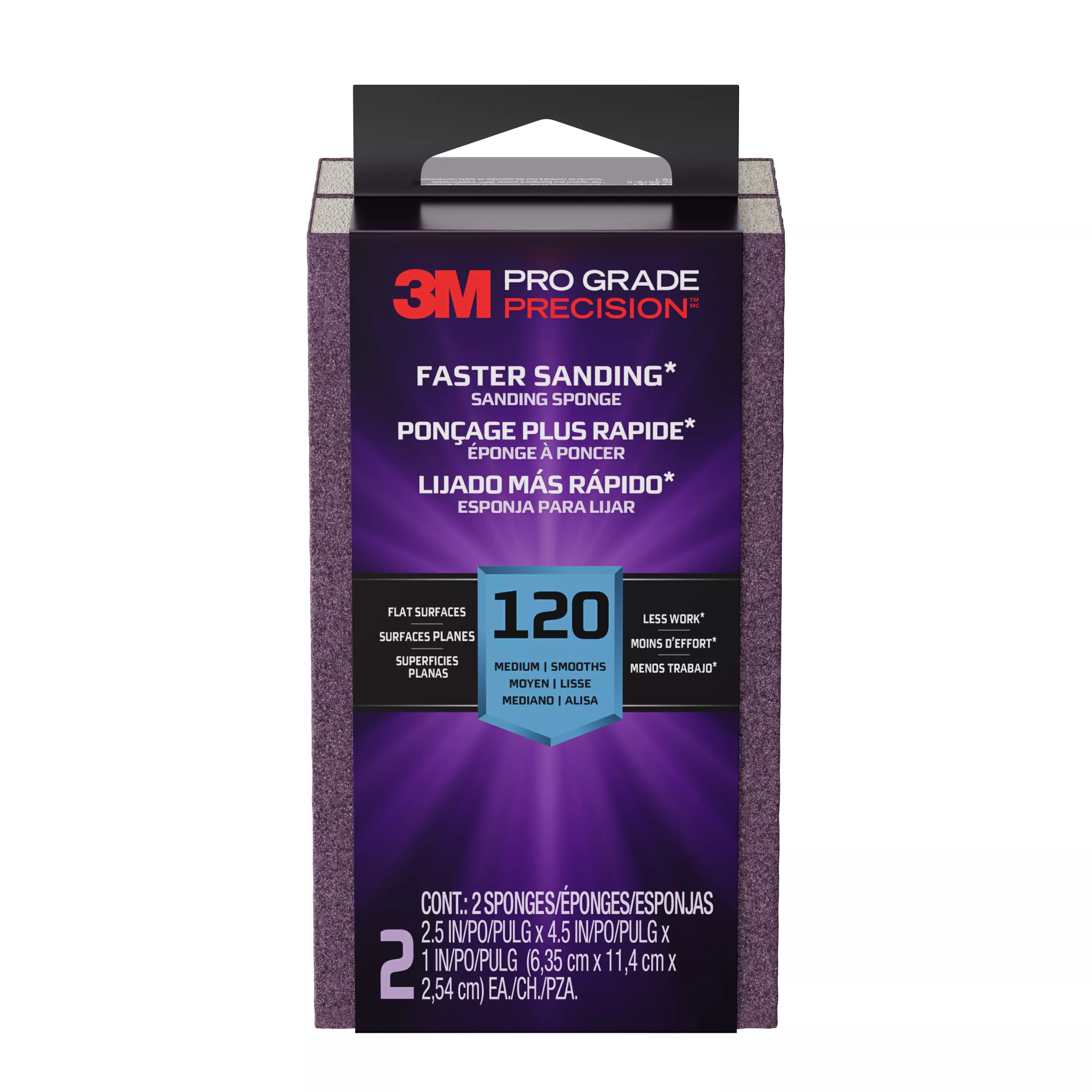 3M™ Pro Grade Precision™ Faster Sanding Sanding Block Sponge FSB120-PGP-2T, 2.5 x 4.5 x 1in, 120 grit, 2 each/pack