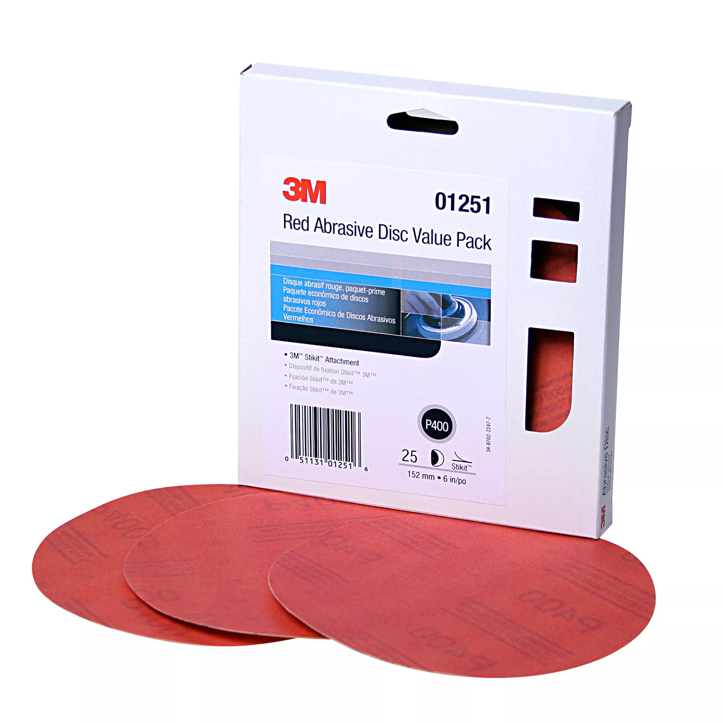 3M™ Red Abrasive Stikit™ Disc Value Pack, 01251, 6 in, P400 grade, 25 discs per carton, 4 cartons per case