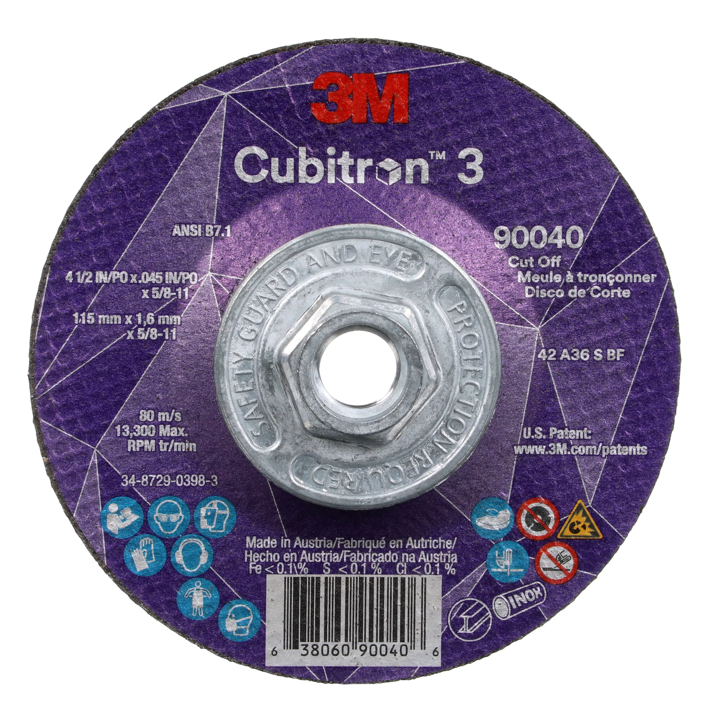 3M™ Cubitron™ 3 Cut-Off Wheel, 90040, 36+, T27, 4-1/2 in x 0.045 in x 5/8 in-11 (115 x 1.6 mm x 5/8-11 in), ANSI, 10 ea/Case