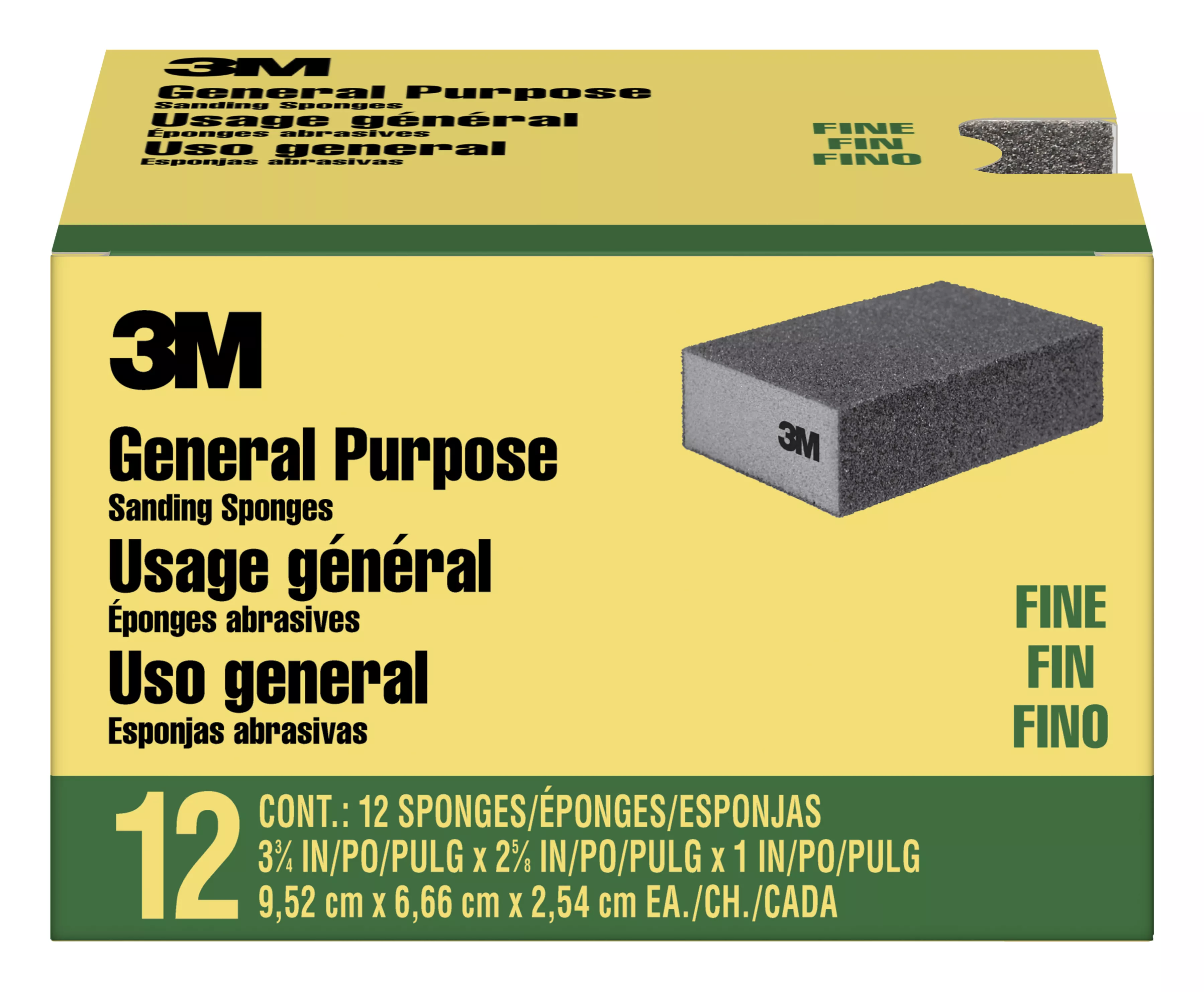 3M™ General Purpose Sanding Sponge CP001-12P, Block, 3 3/4 in x 2 5/8 in x 1 in, Fine, 12/pk, 4 pks/cs